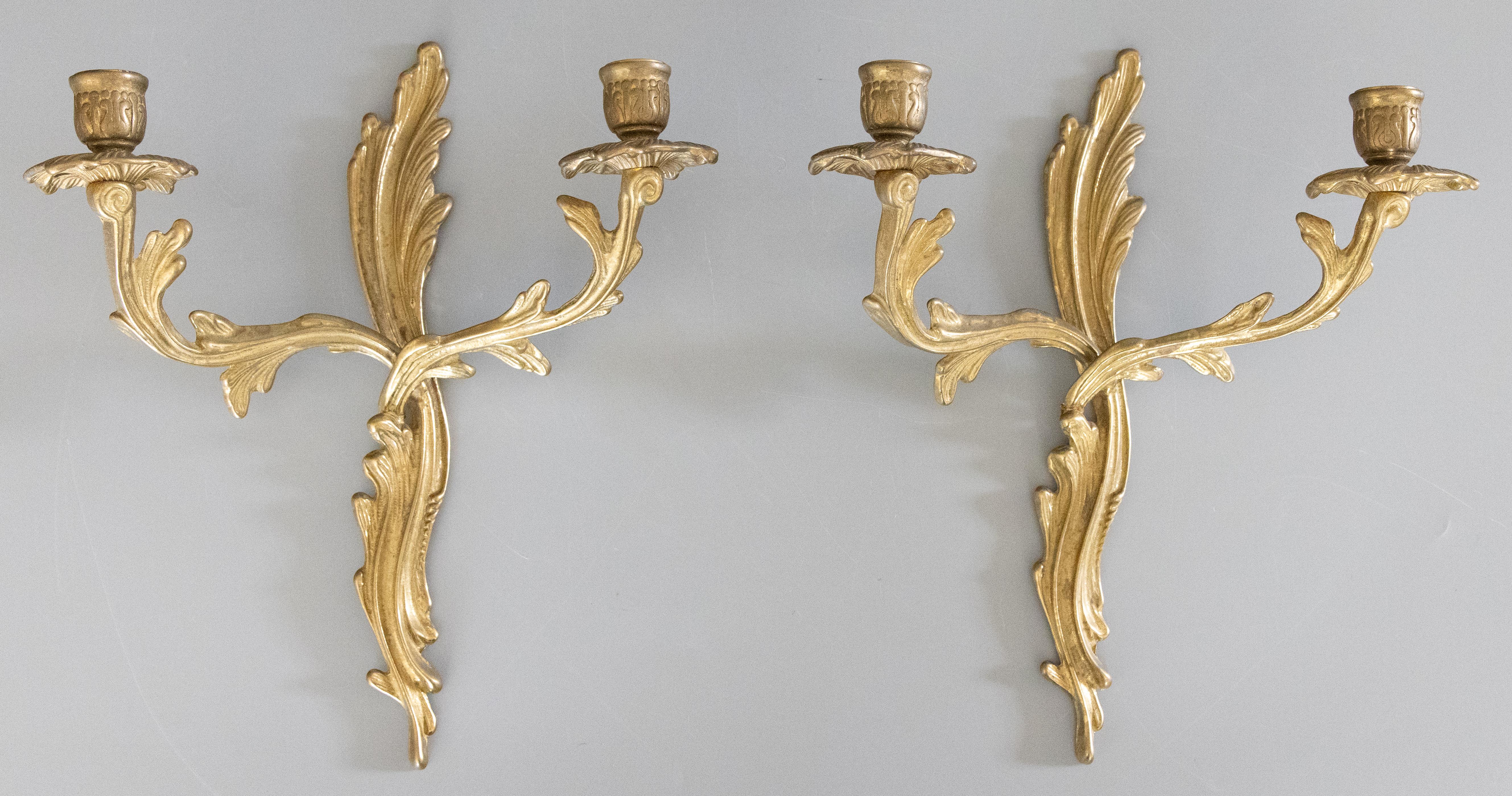 Pair of Antique French Rococo Style Gilt Brass Candelabras Wall Candle Sconces For Sale 7
