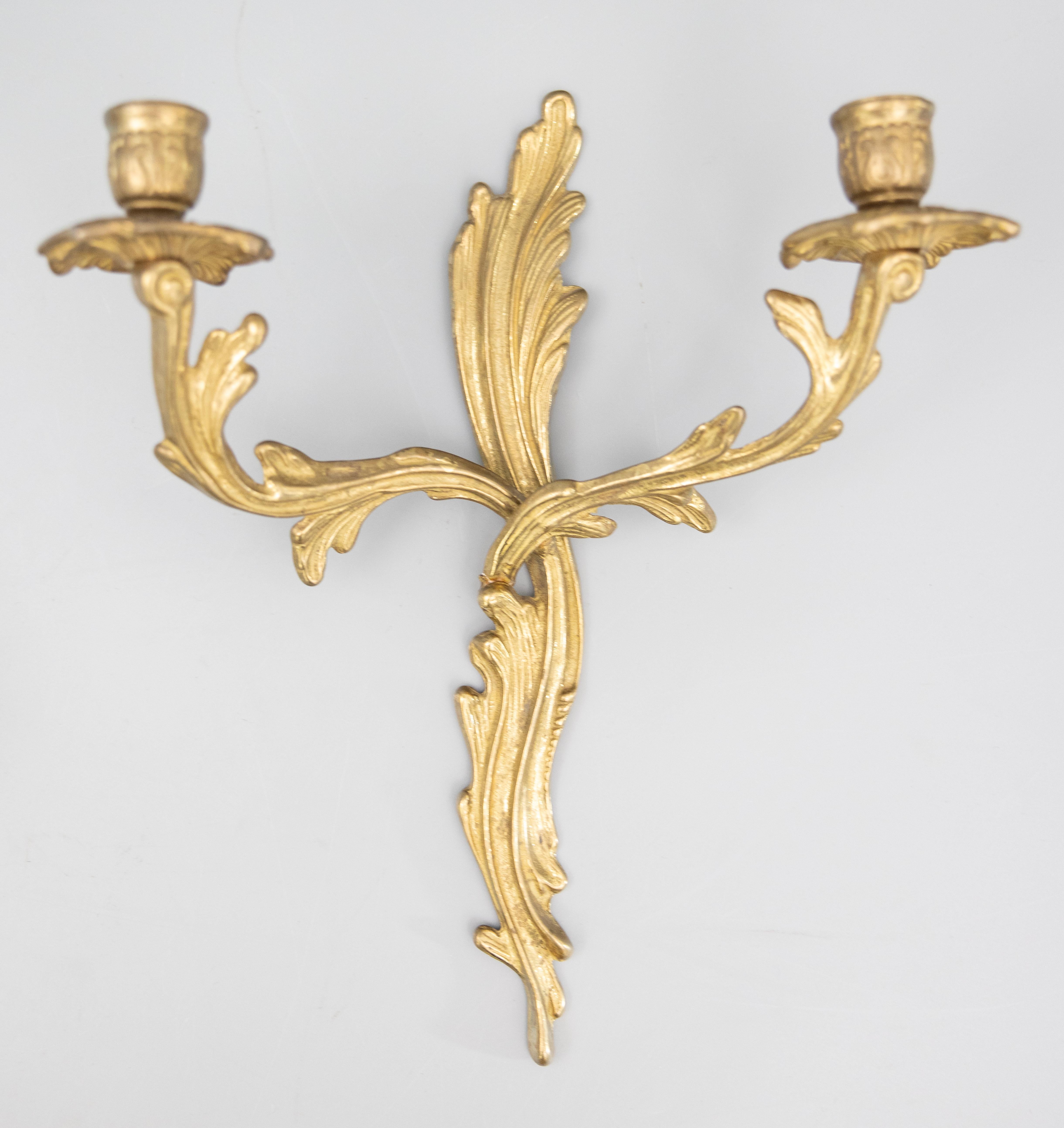 20th Century Pair of Antique French Rococo Style Gilt Brass Candelabras Wall Candle Sconces For Sale