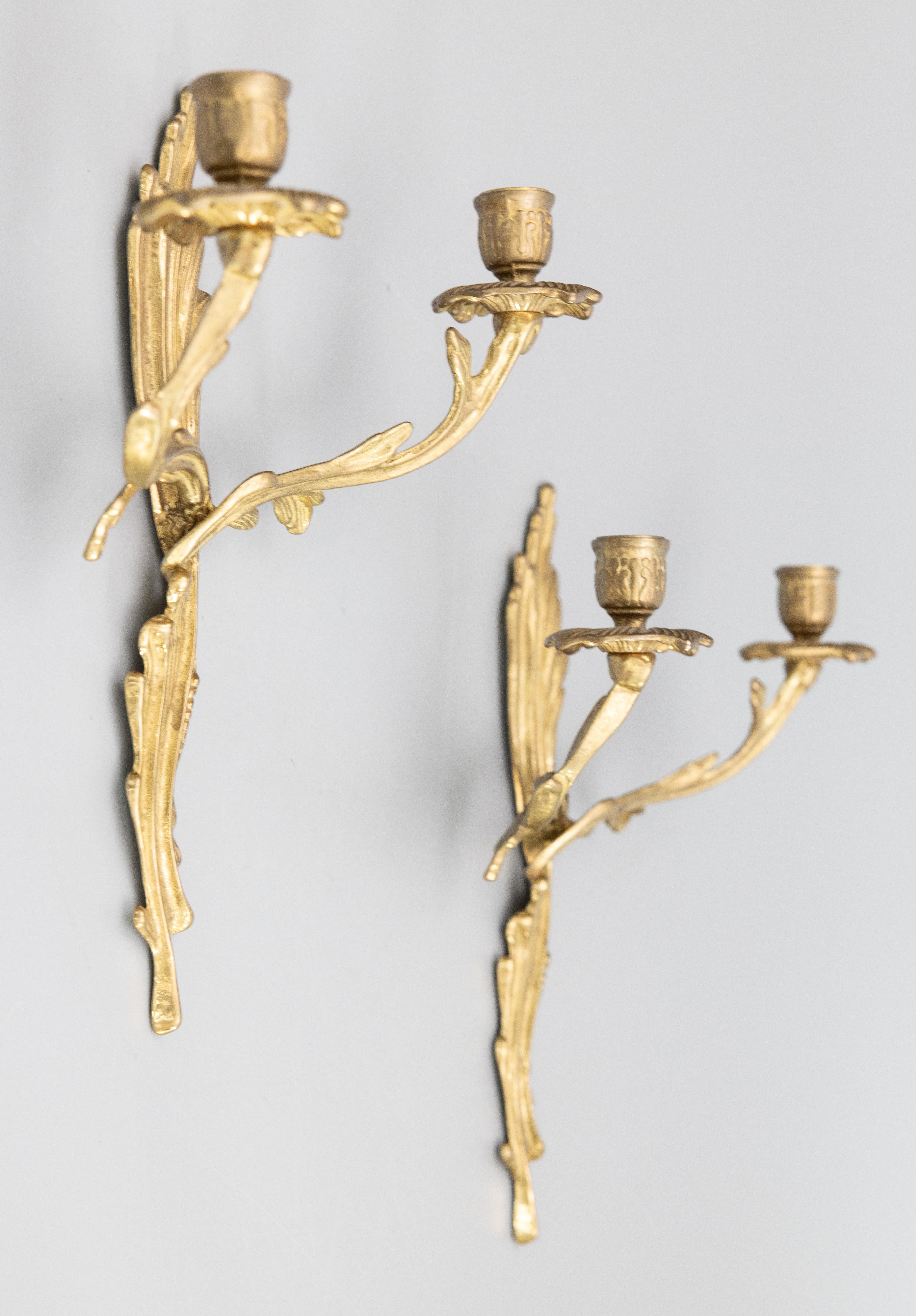 Pair of Antique French Rococo Style Gilt Brass Candelabras Wall Candle Sconces For Sale 1