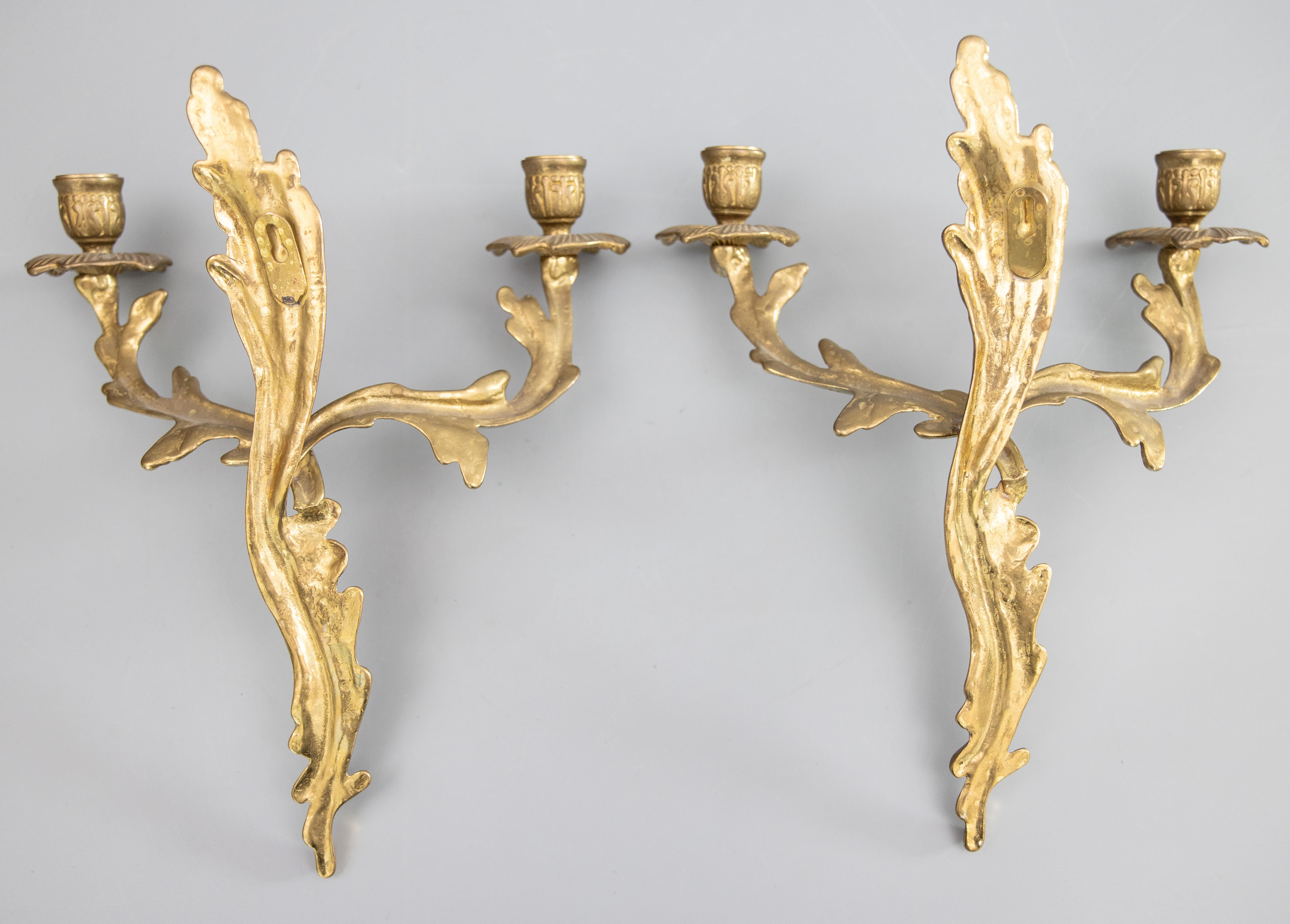 Pair of Antique French Rococo Style Gilt Brass Candelabras Wall Candle Sconces For Sale 5