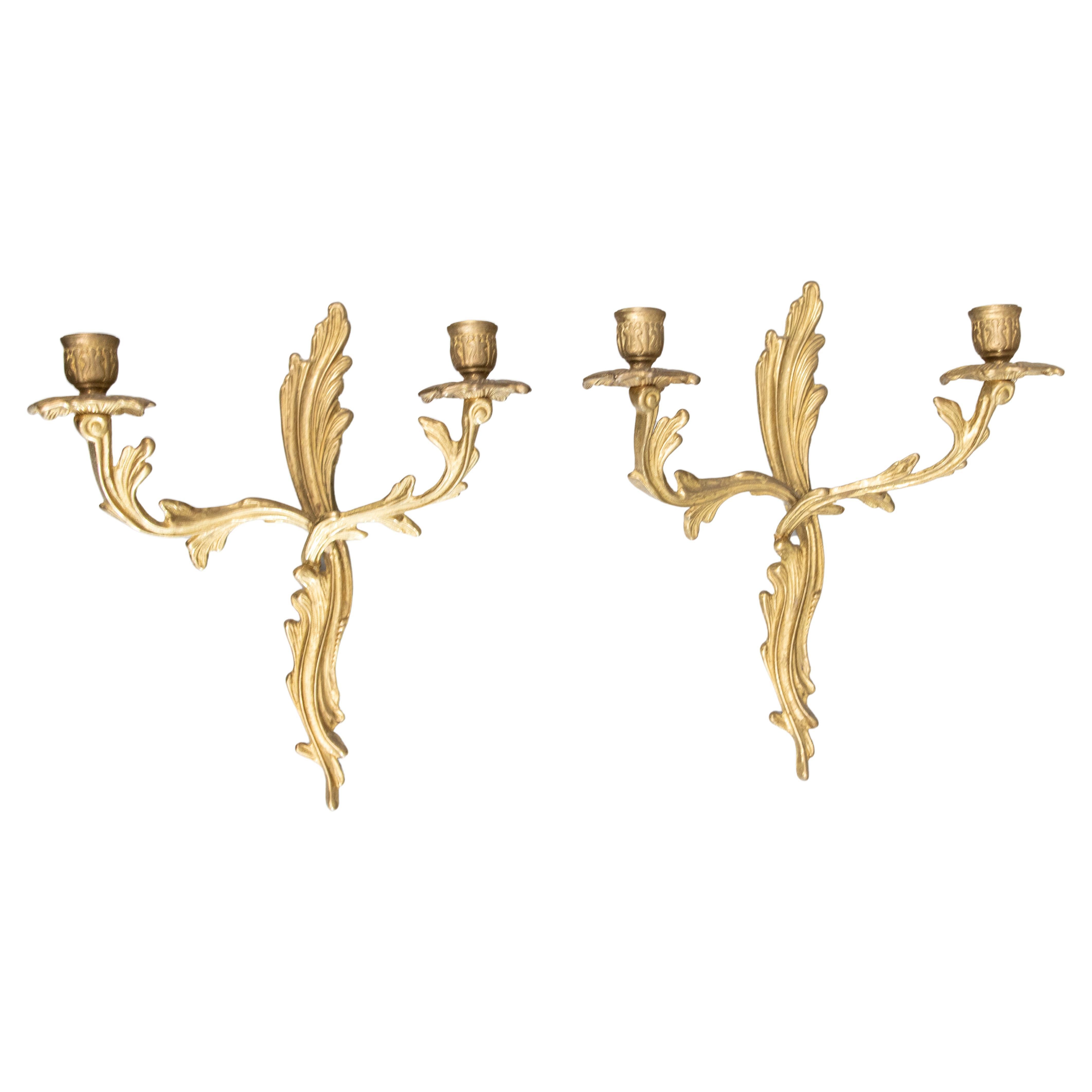 Pair of Antique French Rococo Style Gilt Brass Candelabras Wall Candle Sconces For Sale