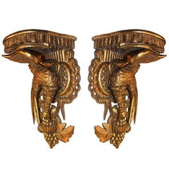 Paire d'anciens français  Consoles en bois doré de style rococo sculptées d'oiseaux Ho Ho