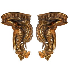 Pareja de Antique French  Ménsulas de madera dorada de estilo rococó talladas con pájaros Ho Ho