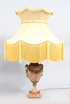 Pair of Antique French Rouge Marble & Ormolu Table Lamps with Silk Shades