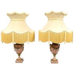 Pair of Antique French Rouge Marble & Ormolu Table Lamps with Silk Shades