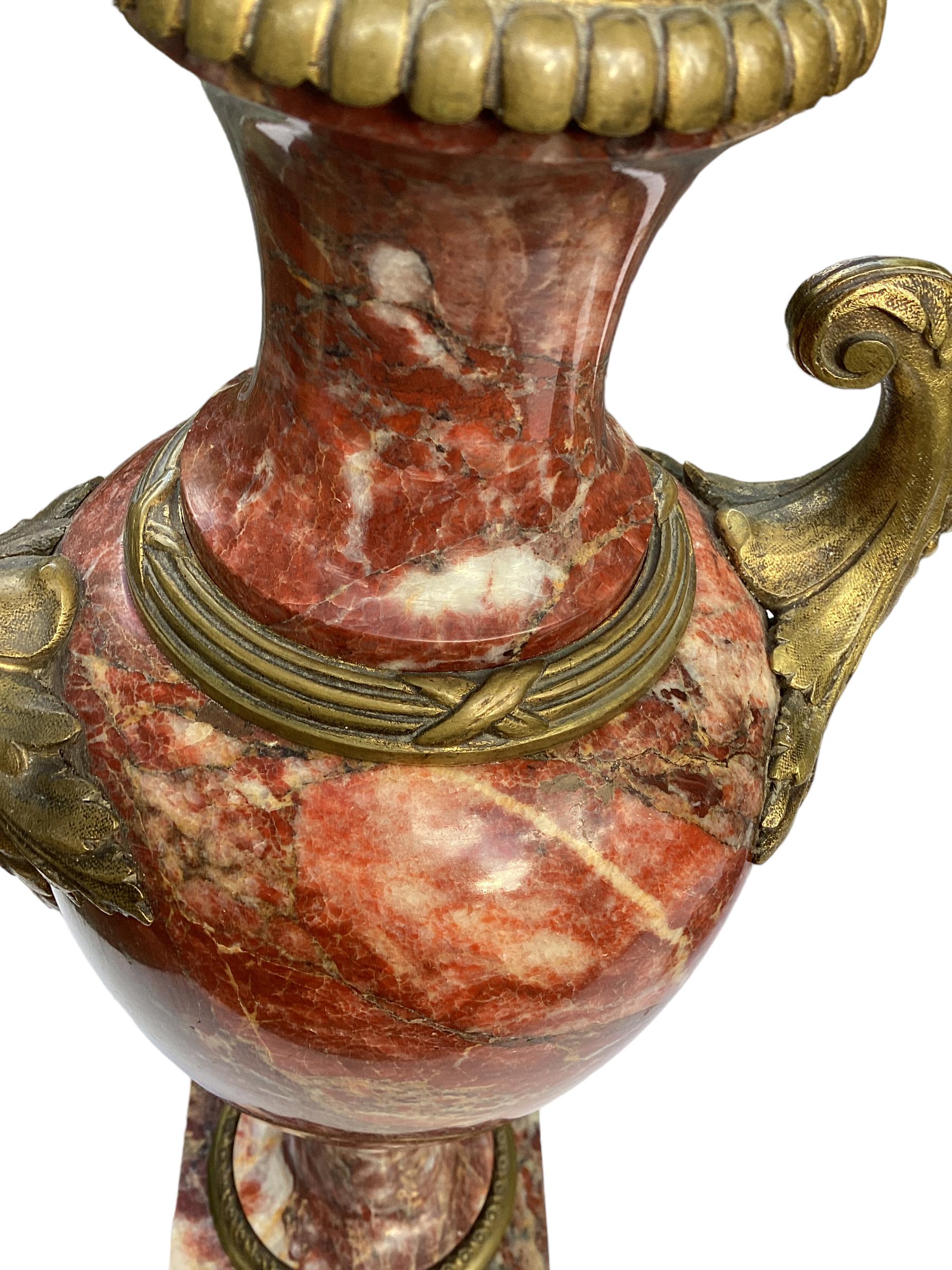 Pair of Antique French Rouge Marble Urns and Bronze Lamps In Good Condition In Chapel Hill, NC