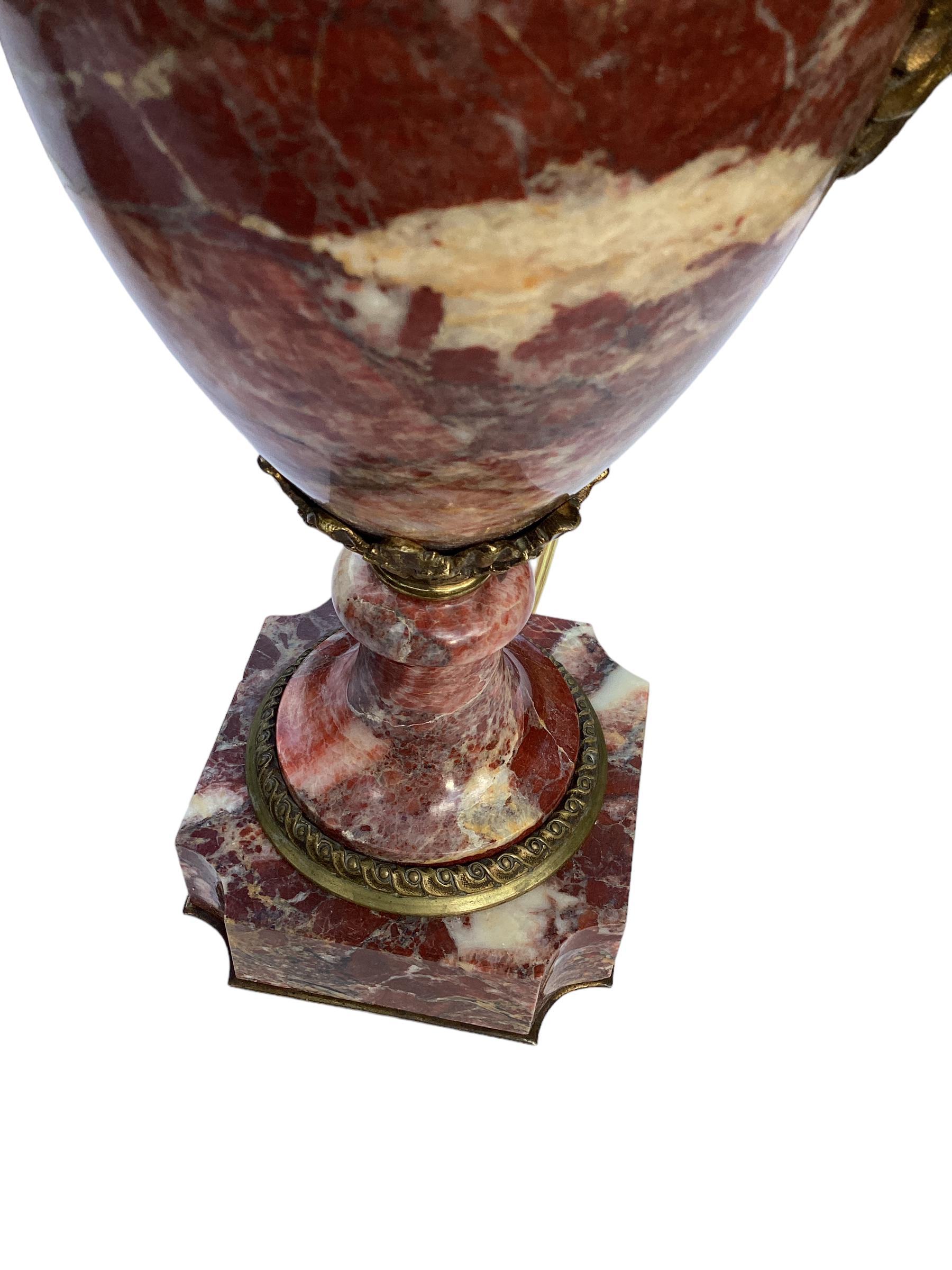 19th Century Pair of Antique French Rouge Marble Urns and Bronze Lamps