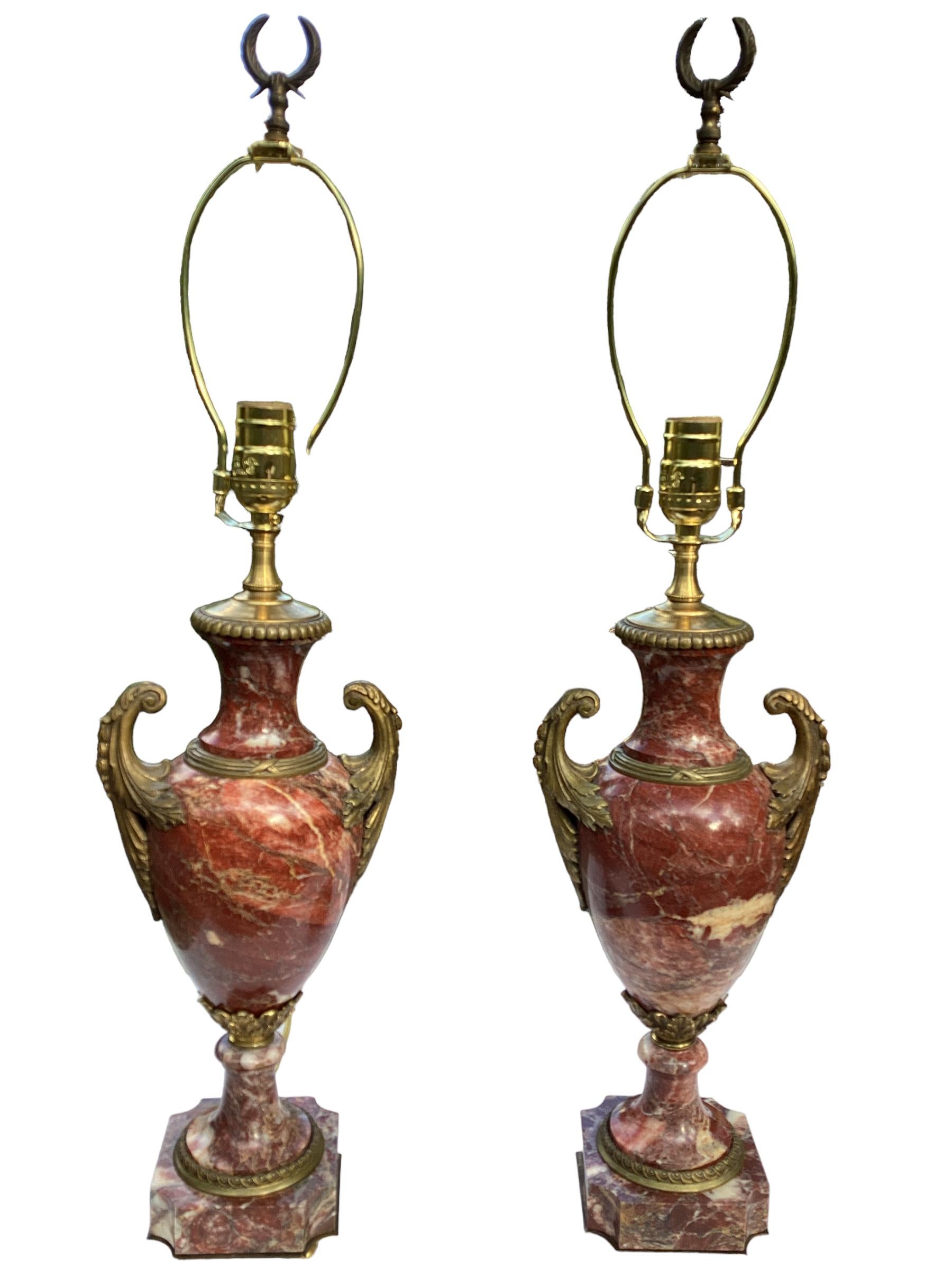 Pair of Antique French Rouge Marble Urns and Bronze Lamps 1