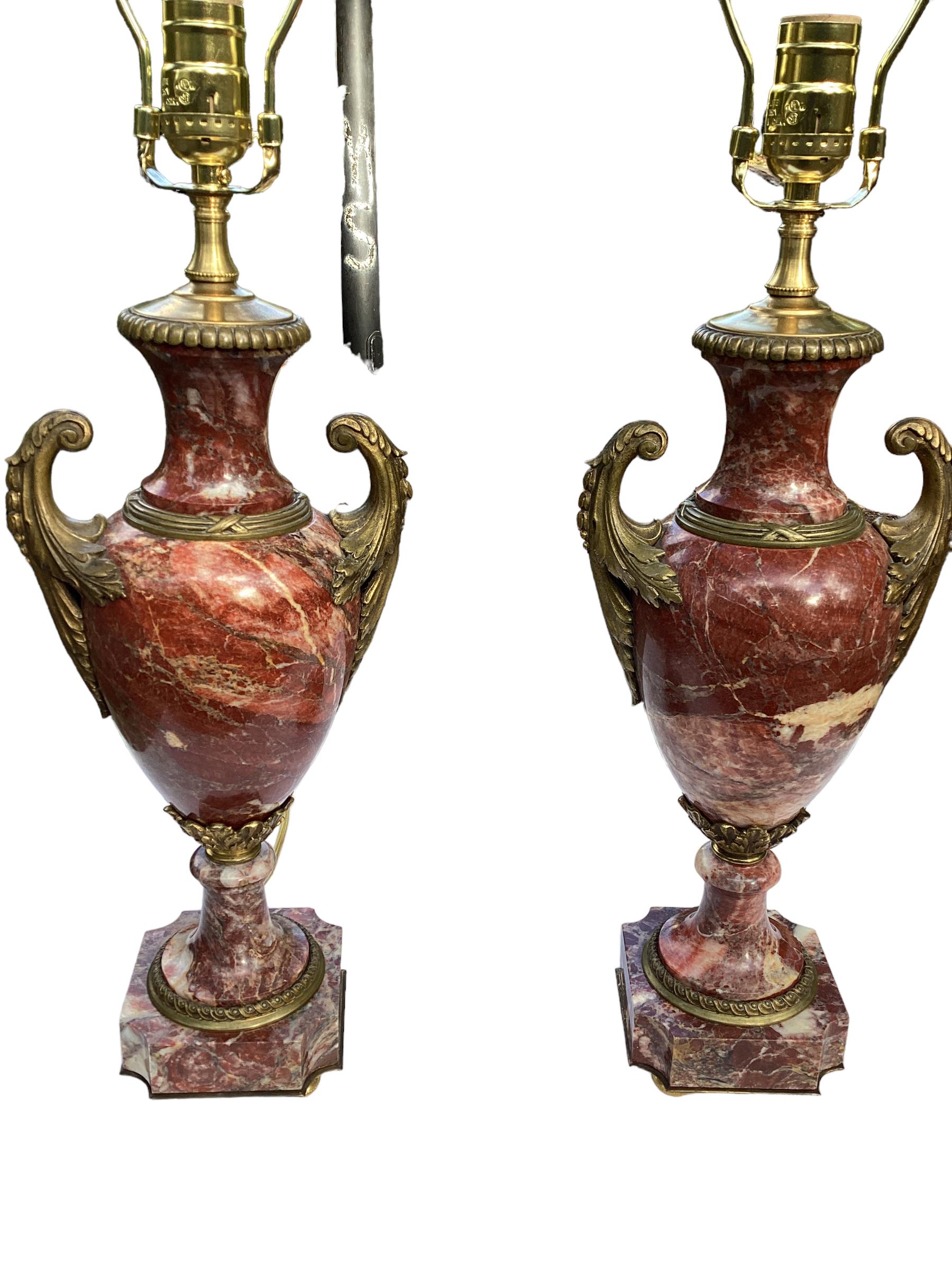 Pair of Antique French Rouge Marble Urns and Bronze Lamps 2