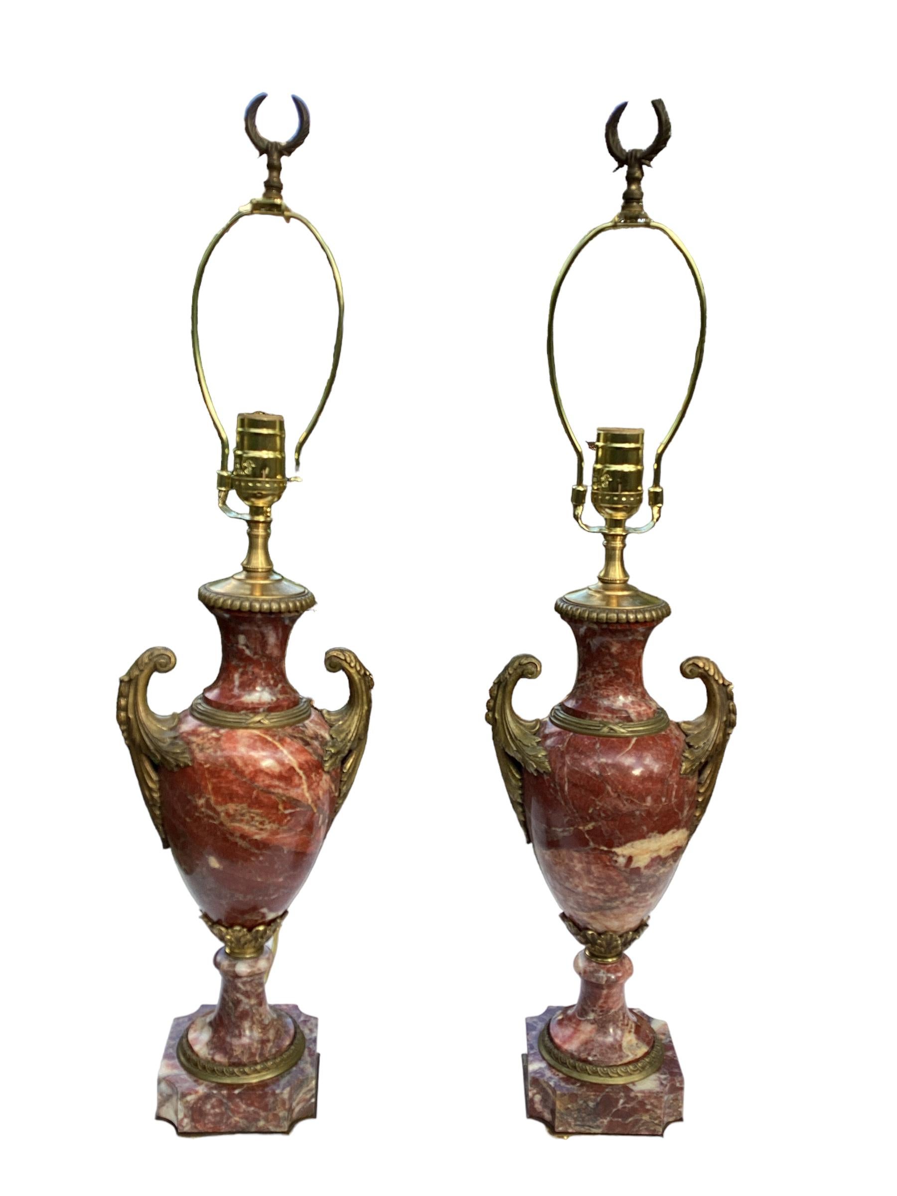 Pair of Antique French Rouge Marble Urns and Bronze Lamps 3