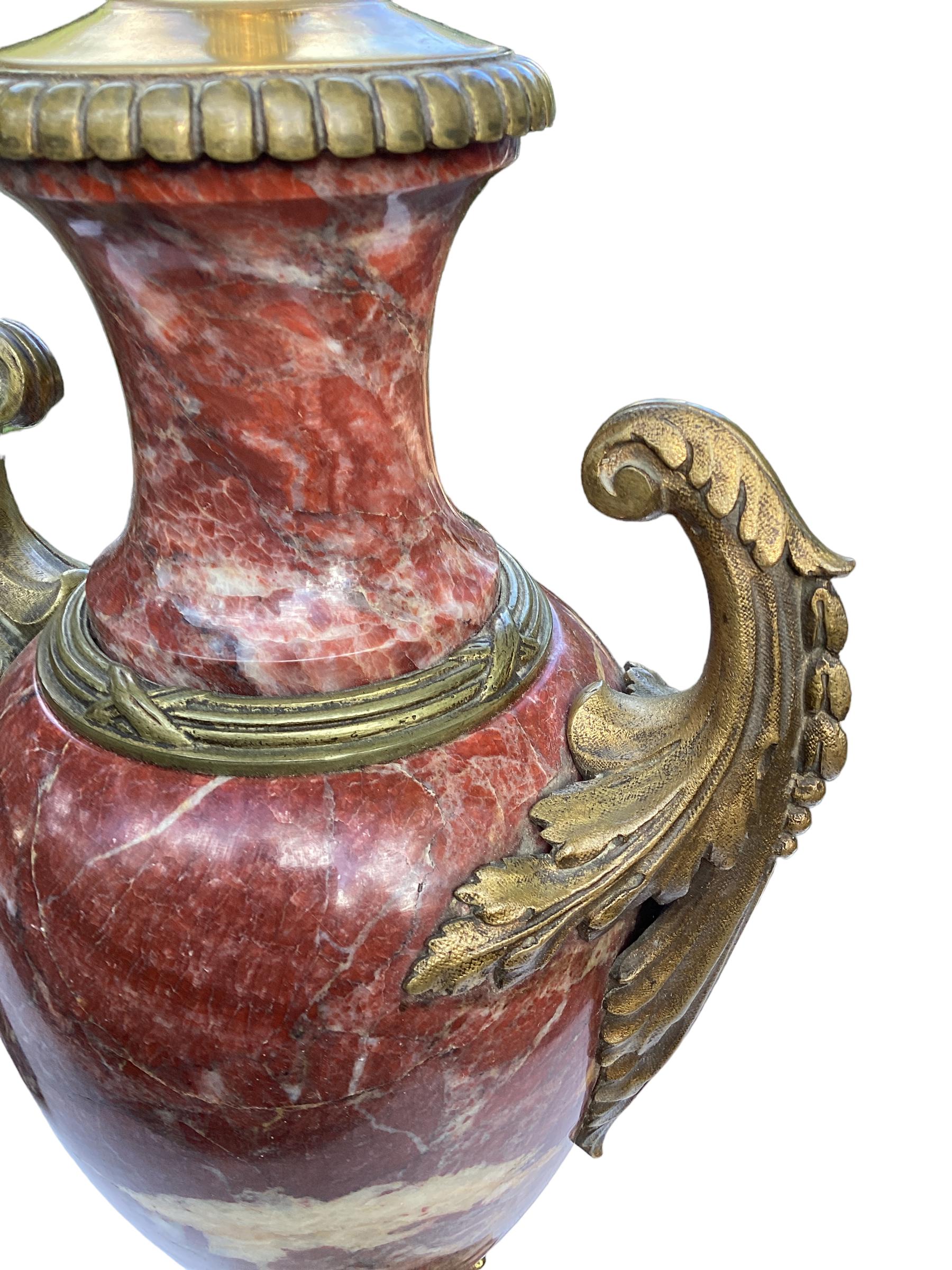 Pair of Antique French Rouge Marble Urns and Bronze Lamps 4