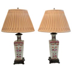 Pair of Antique French Samson Lamps with Vases in Famille Rose