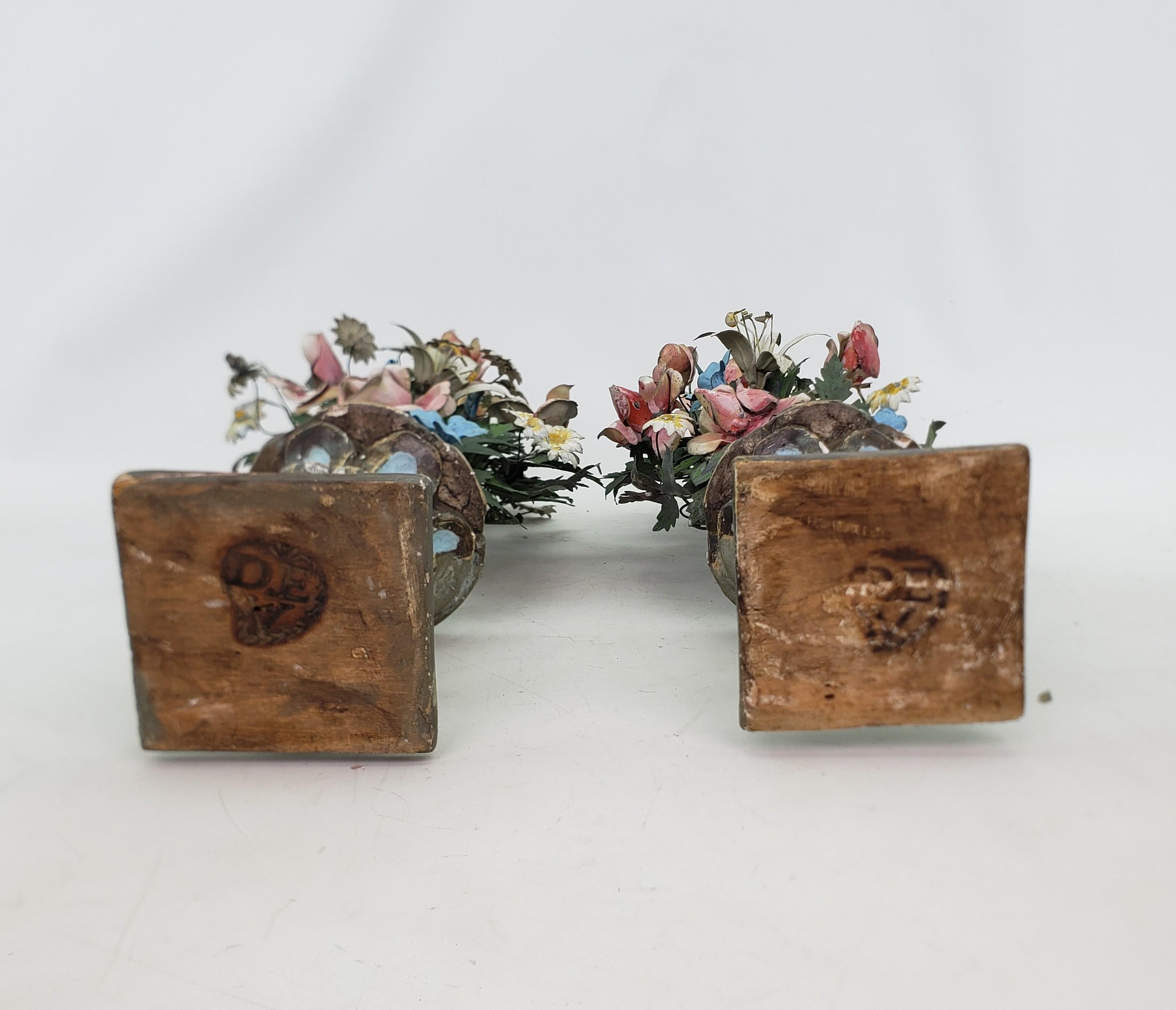 Pair of Antique French Sculptural Toleware Potted Floral Bouquets or Garnitures For Sale 6