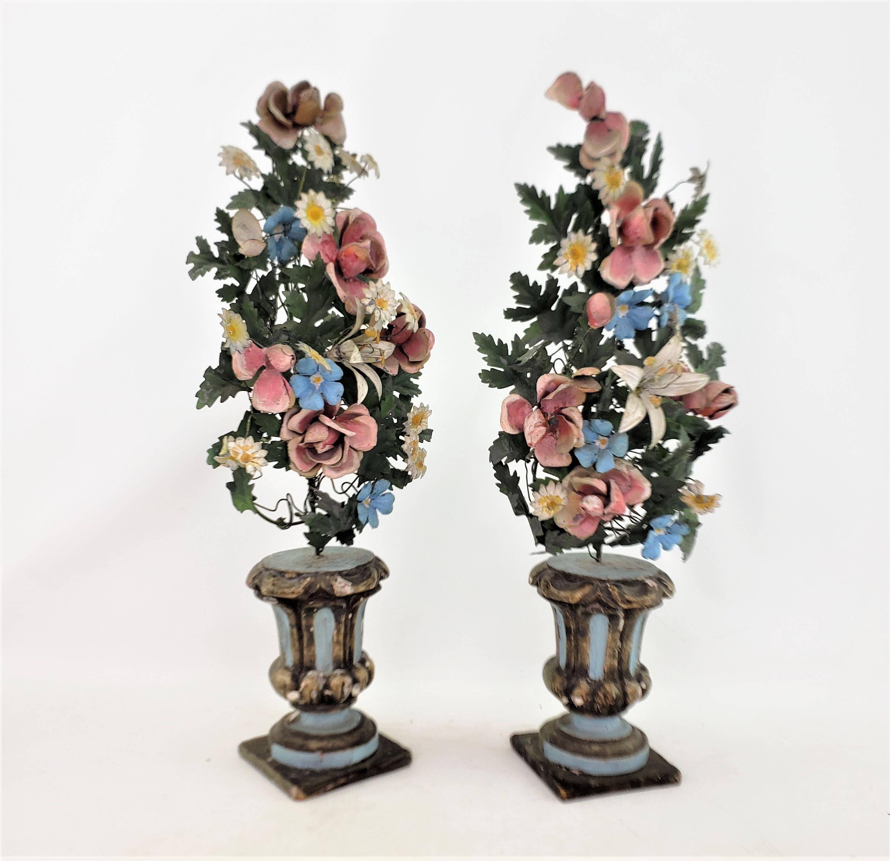 Country Pair of Antique French Sculptural Toleware Potted Floral Bouquets or Garnitures For Sale