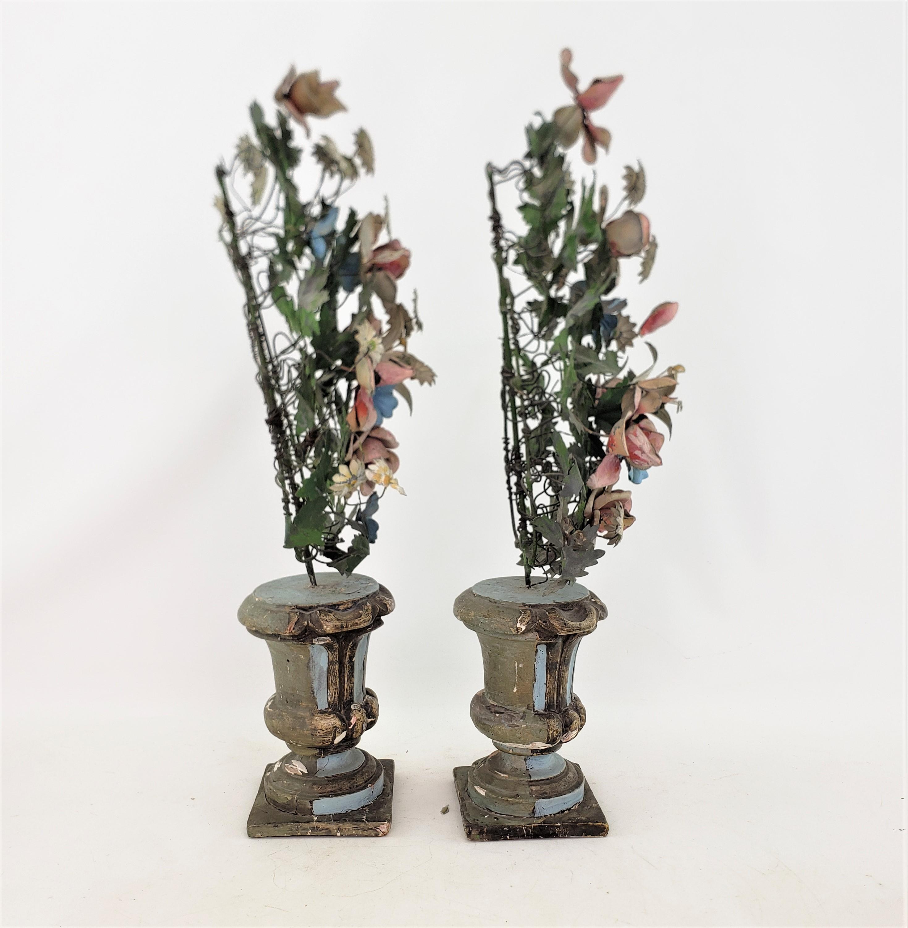 Molded Pair of Antique French Sculptural Toleware Potted Floral Bouquets or Garnitures For Sale