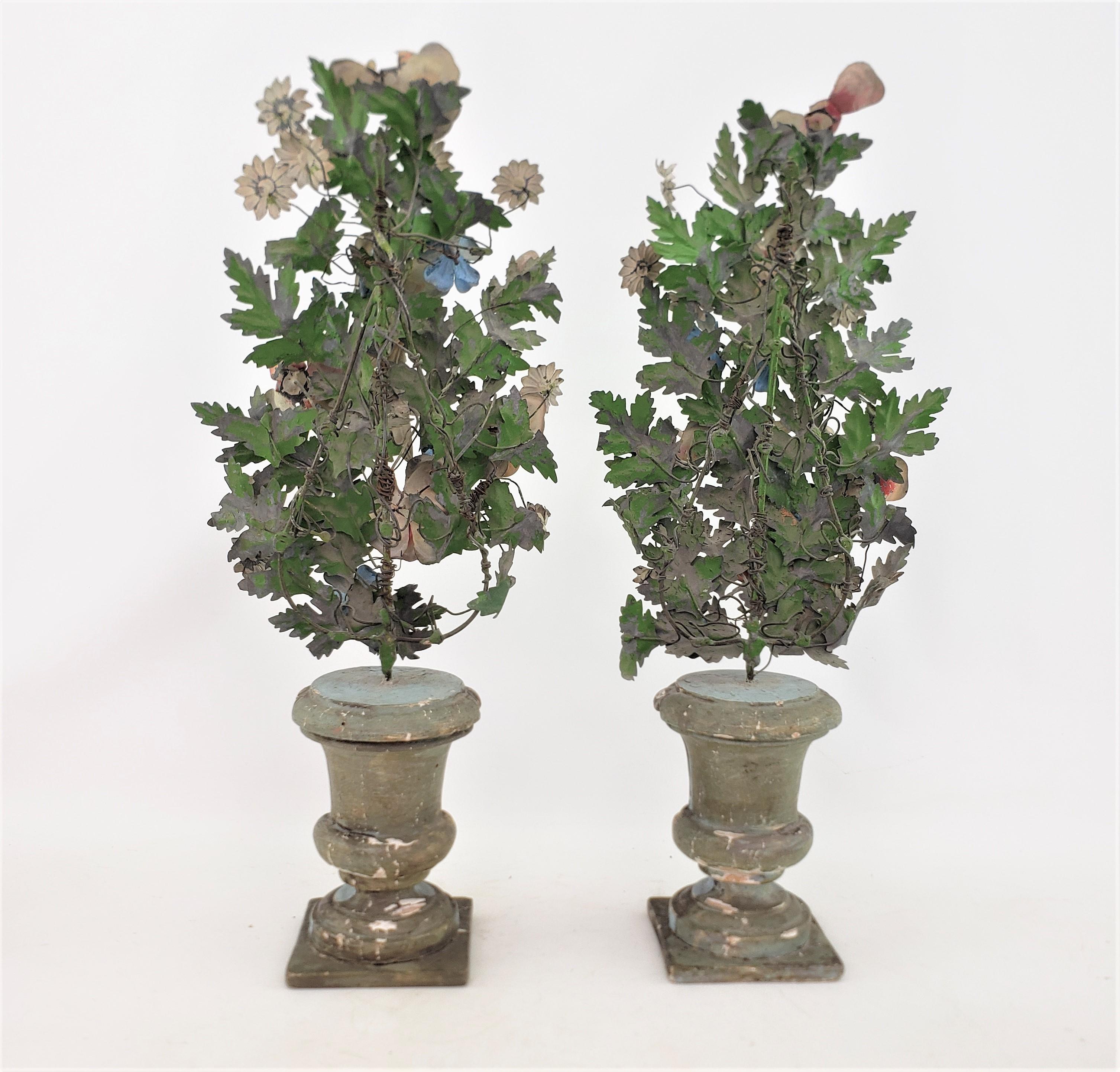 Pair of Antique French Sculptural Toleware Potted Floral Bouquets or Garnitures In Good Condition For Sale In Hamilton, Ontario