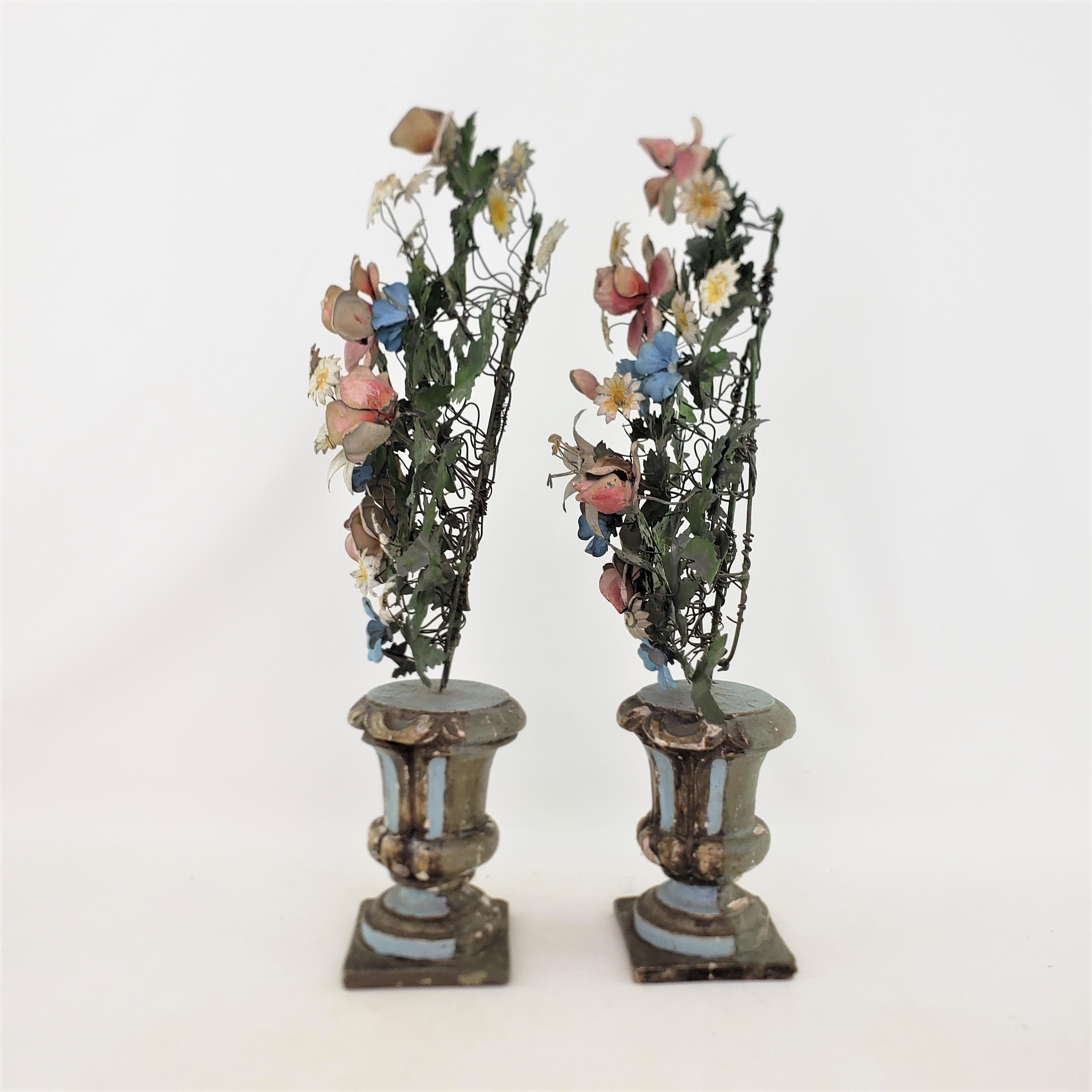 19th Century Pair of Antique French Sculptural Toleware Potted Floral Bouquets or Garnitures For Sale
