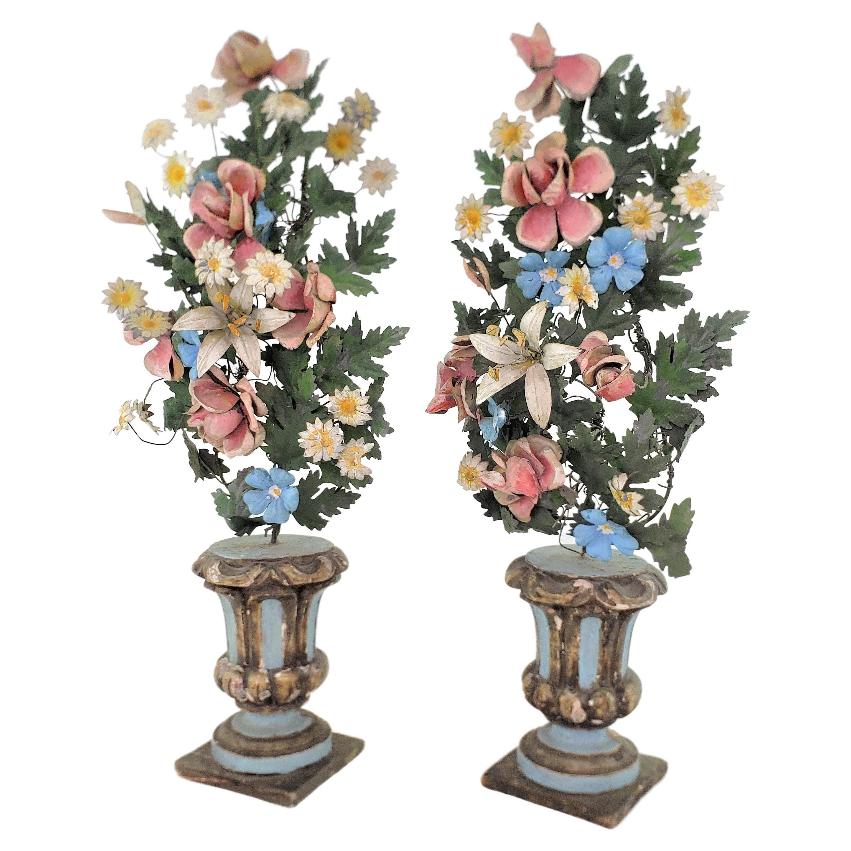 Pair of Antique French Sculptural Toleware Potted Floral Bouquets or Garnitures For Sale