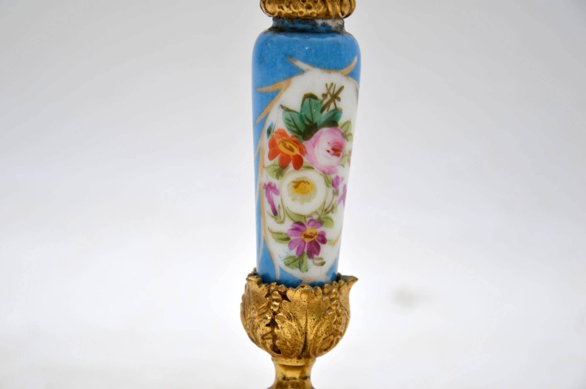 Pair of Antique French Sevres Porcelain & Ormolu Candlesticks In Excellent Condition In London, GB