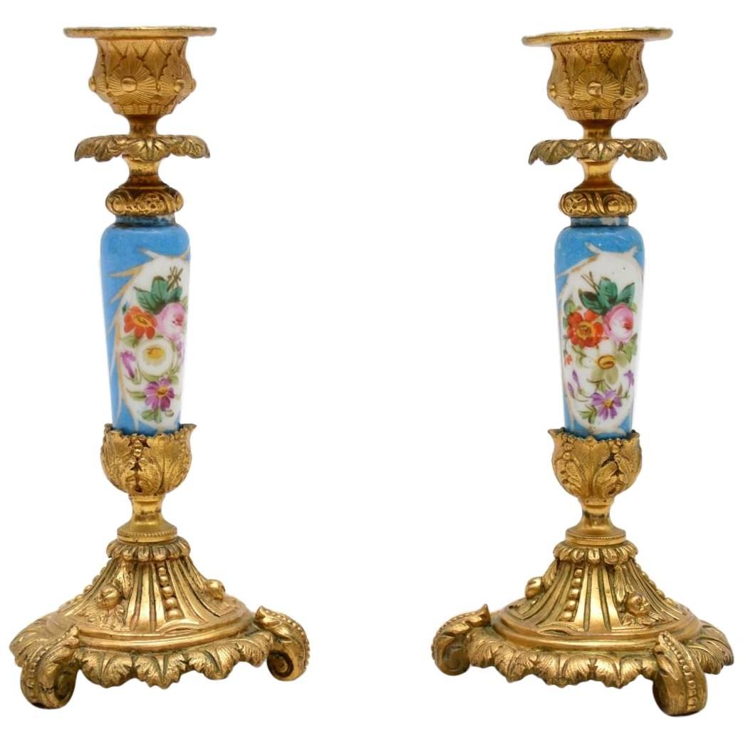 Pair of Antique French Sevres Porcelain & Ormolu Candlesticks