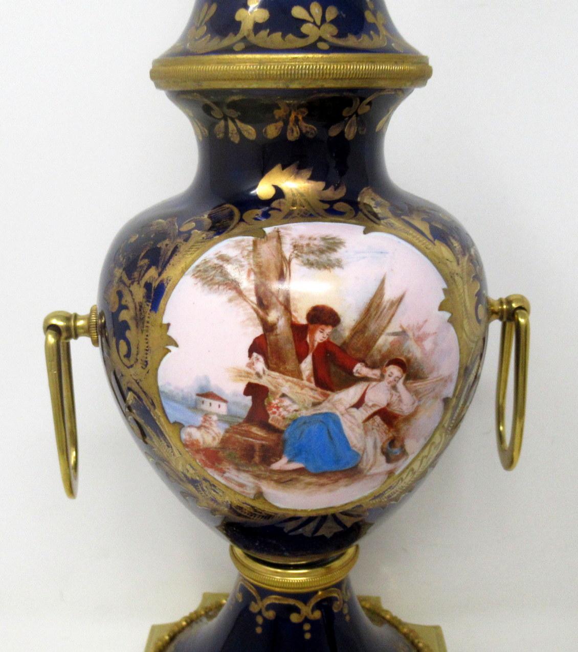 Ceramic Pair of Antique French Sèvres Porcelain Ormolu Gilt Bronze Table Urn Lamps 