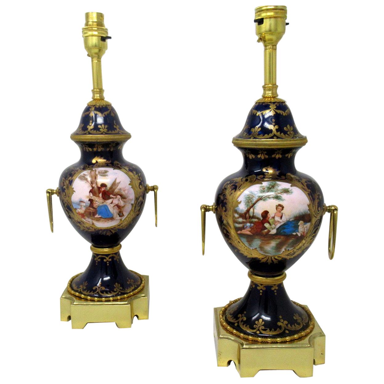 Pair of Antique French Sèvres Porcelain Ormolu Gilt Bronze Table Urn Lamps 