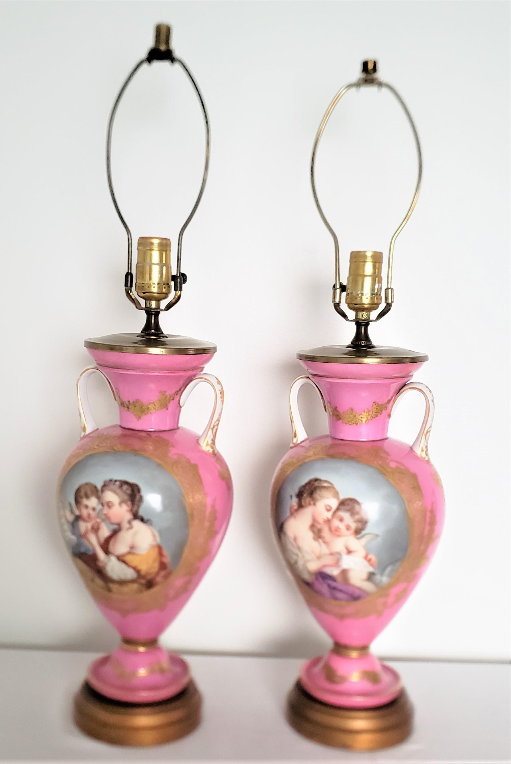 Pair of Antique French Sevres Style Hand-Painted Porcelain Pink Table Lamps  In Good Condition In Hamilton, Ontario