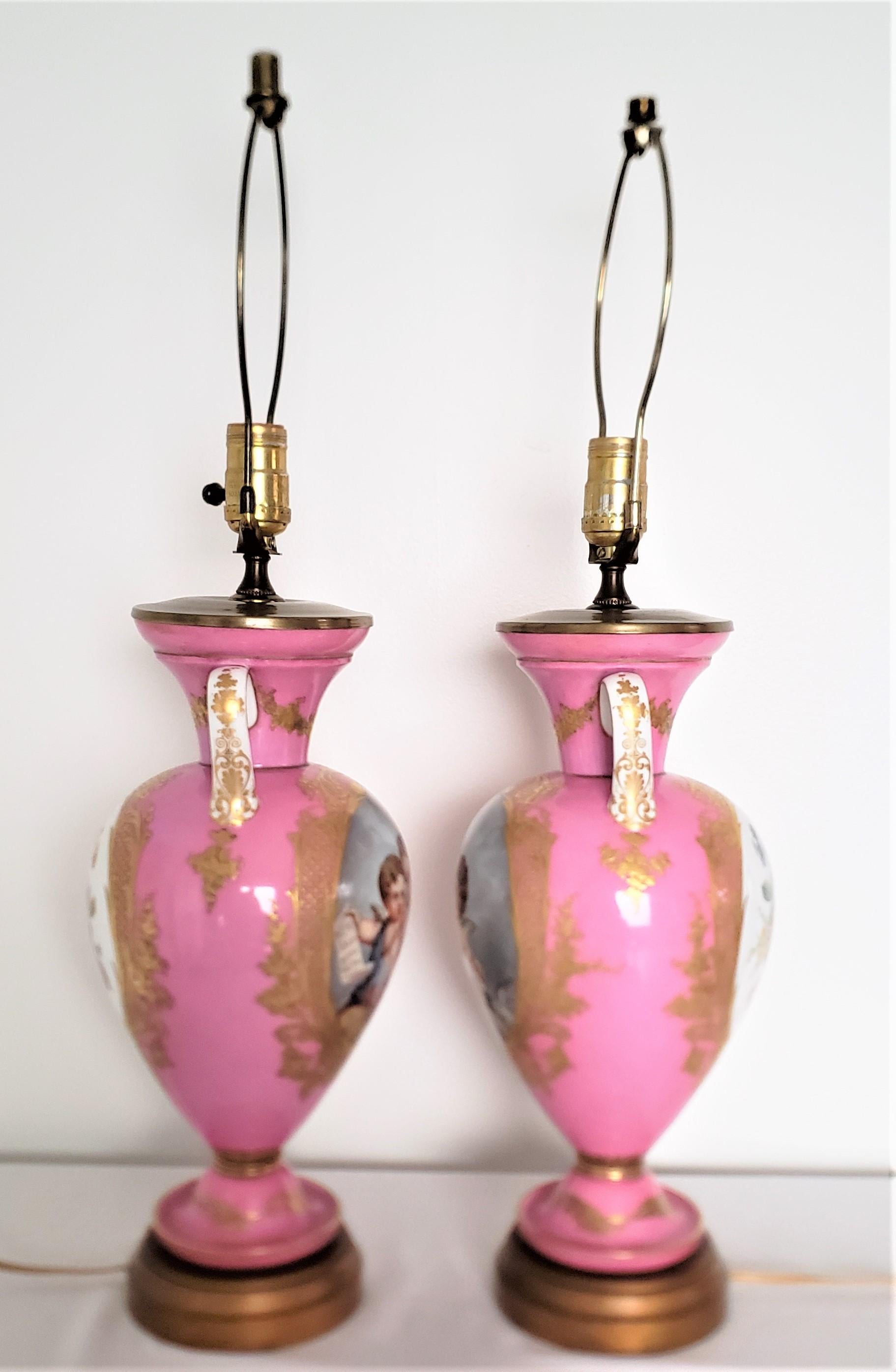 19th Century Pair of Antique French Sevres Style Hand-Painted Porcelain Pink Table Lamps 