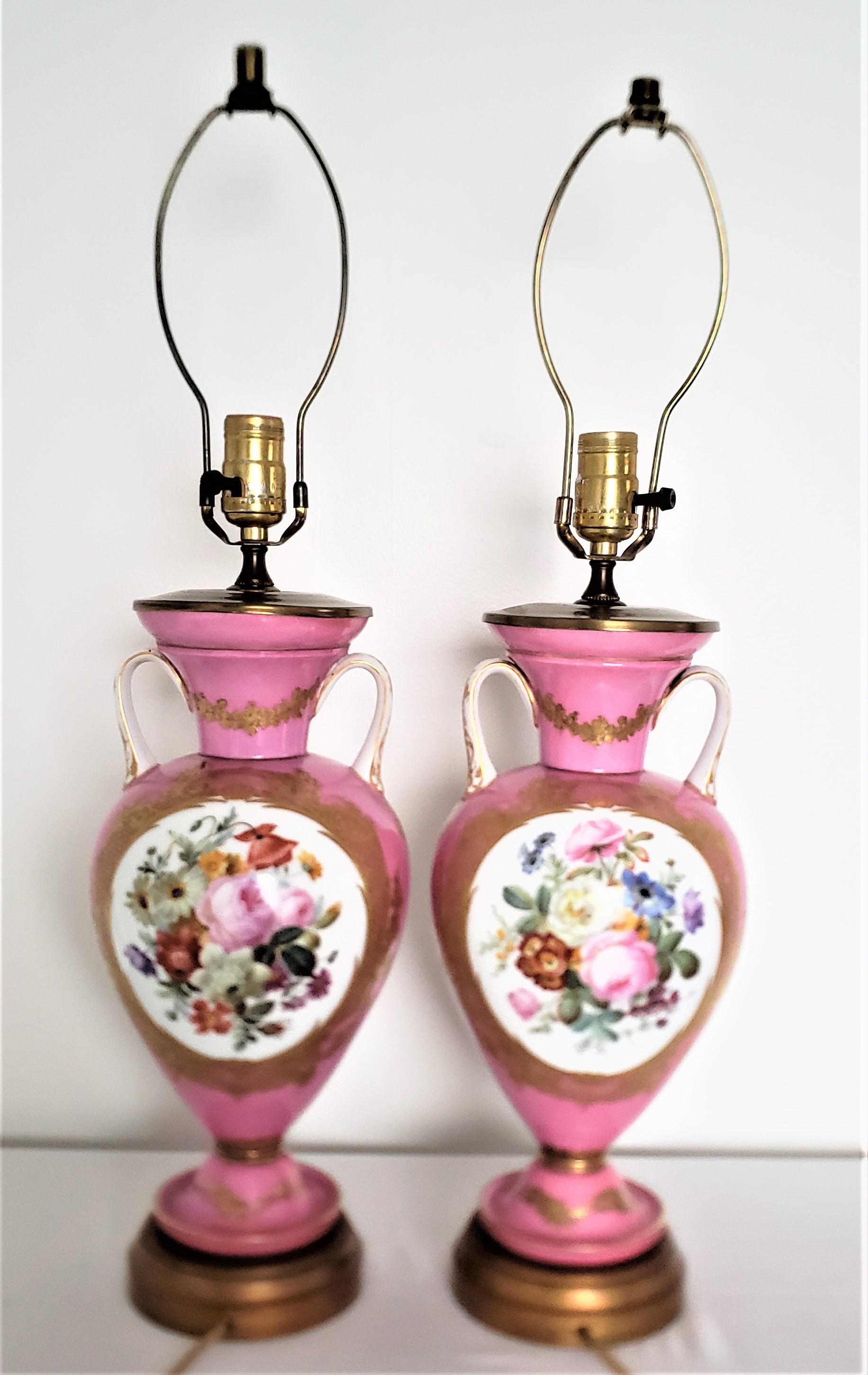 Pair of Antique French Sevres Style Hand-Painted Porcelain Pink Table Lamps  1