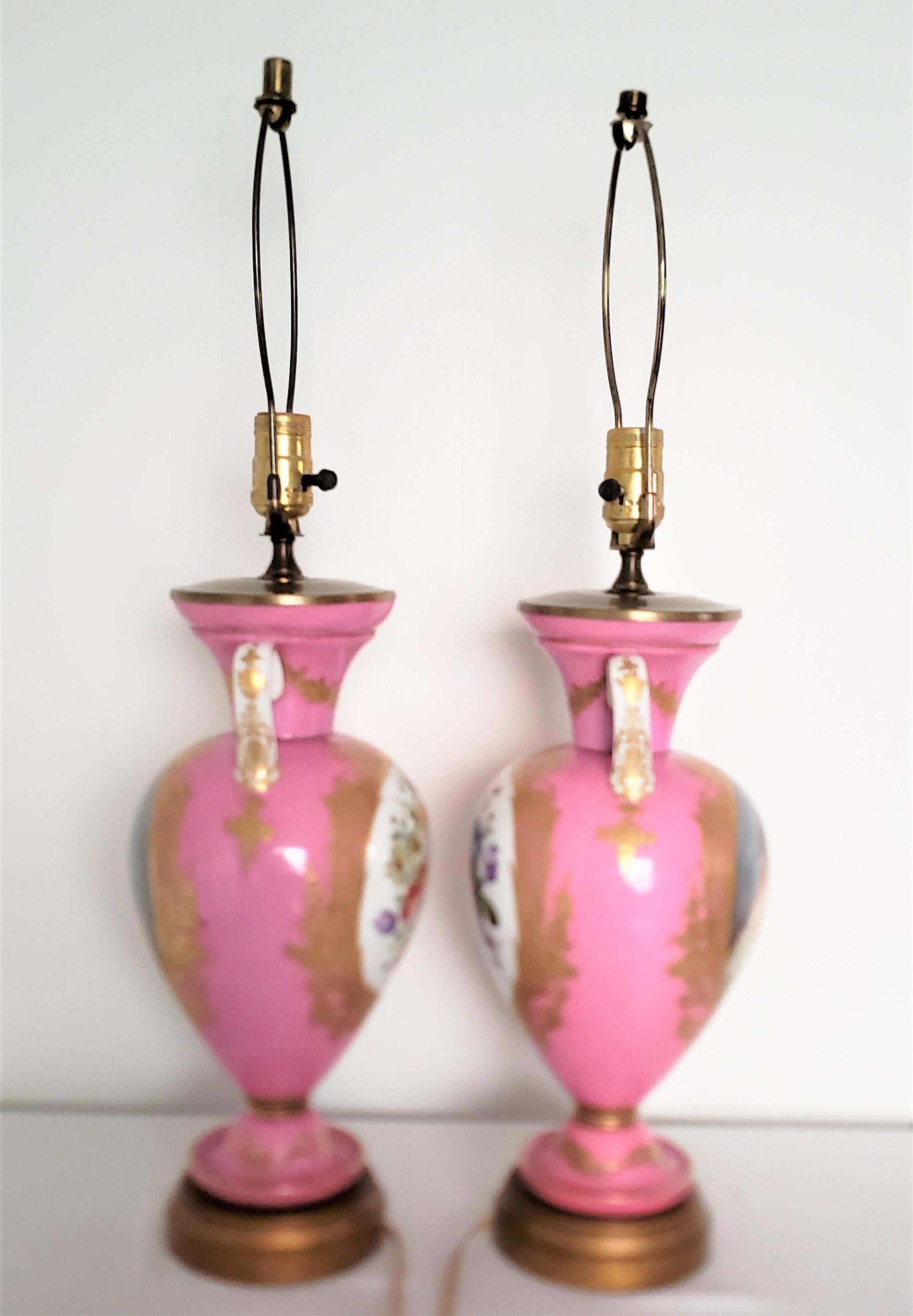 Pair of Antique French Sevres Style Hand-Painted Porcelain Pink Table Lamps  2