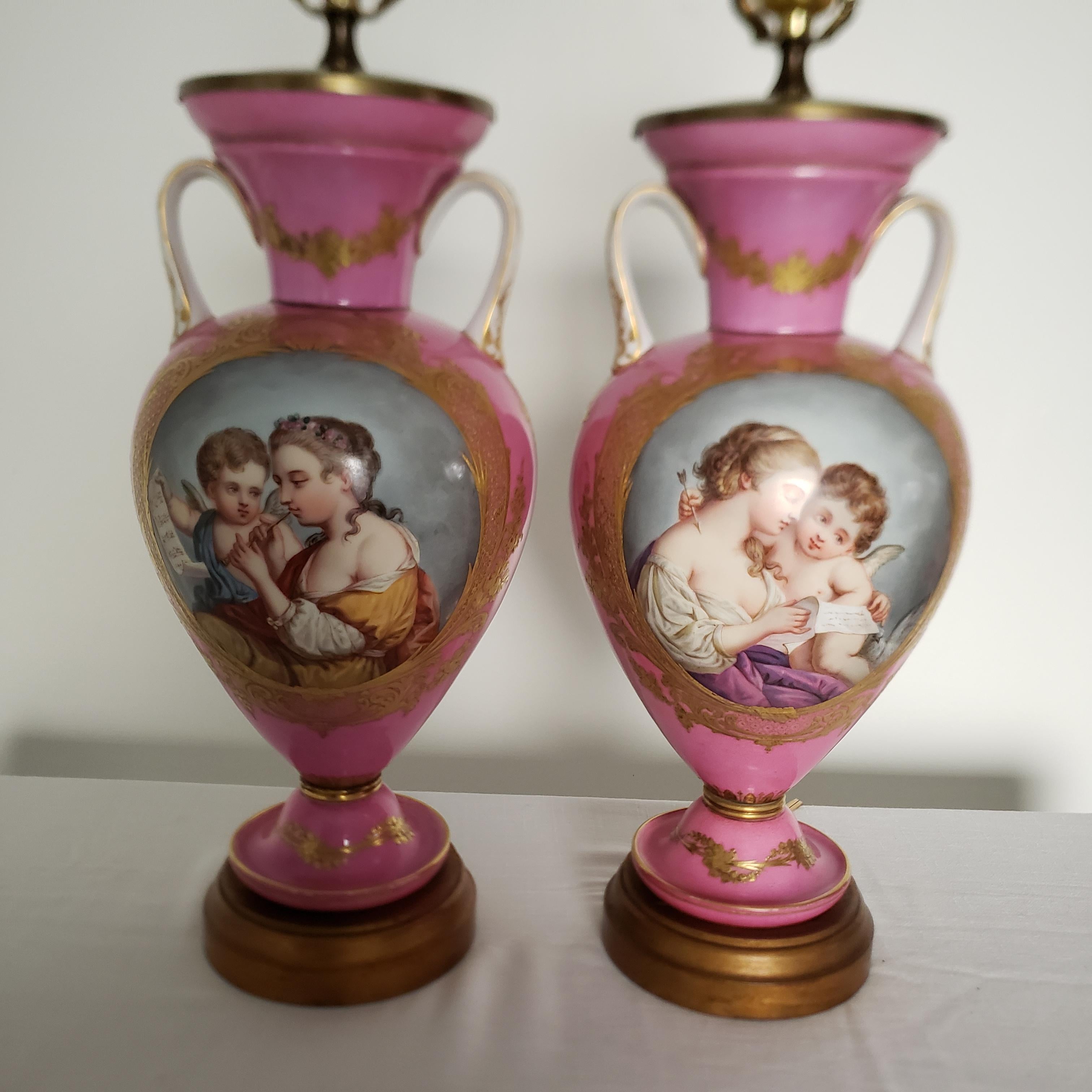 Pair of Antique French Sevres Style Hand-Painted Porcelain Pink Table Lamps  3