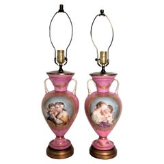 Pair of Antique French Sevres Style Hand-Painted Porcelain Pink Table Lamps 