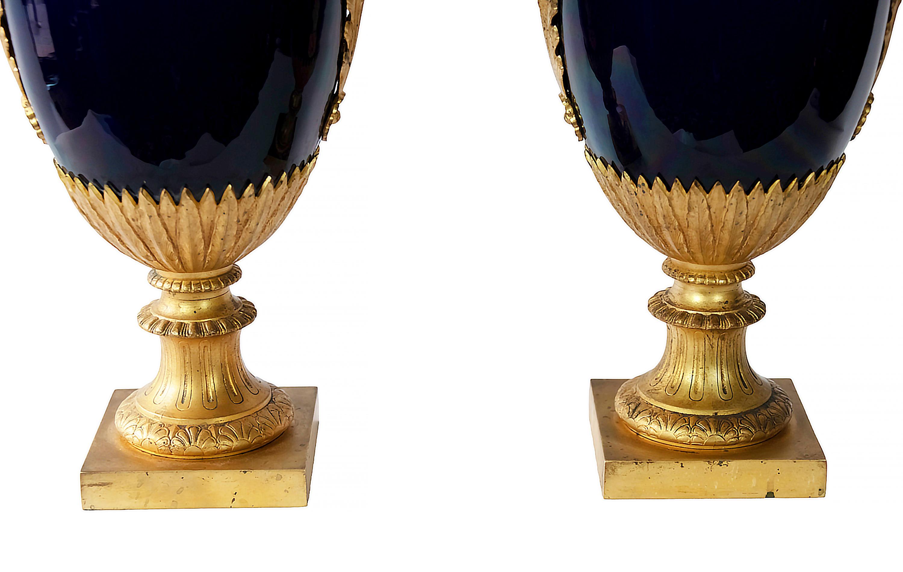 Gilt Pair of Antique French Sevres Style Porcelain Cobalt Blue and Bronze Vases