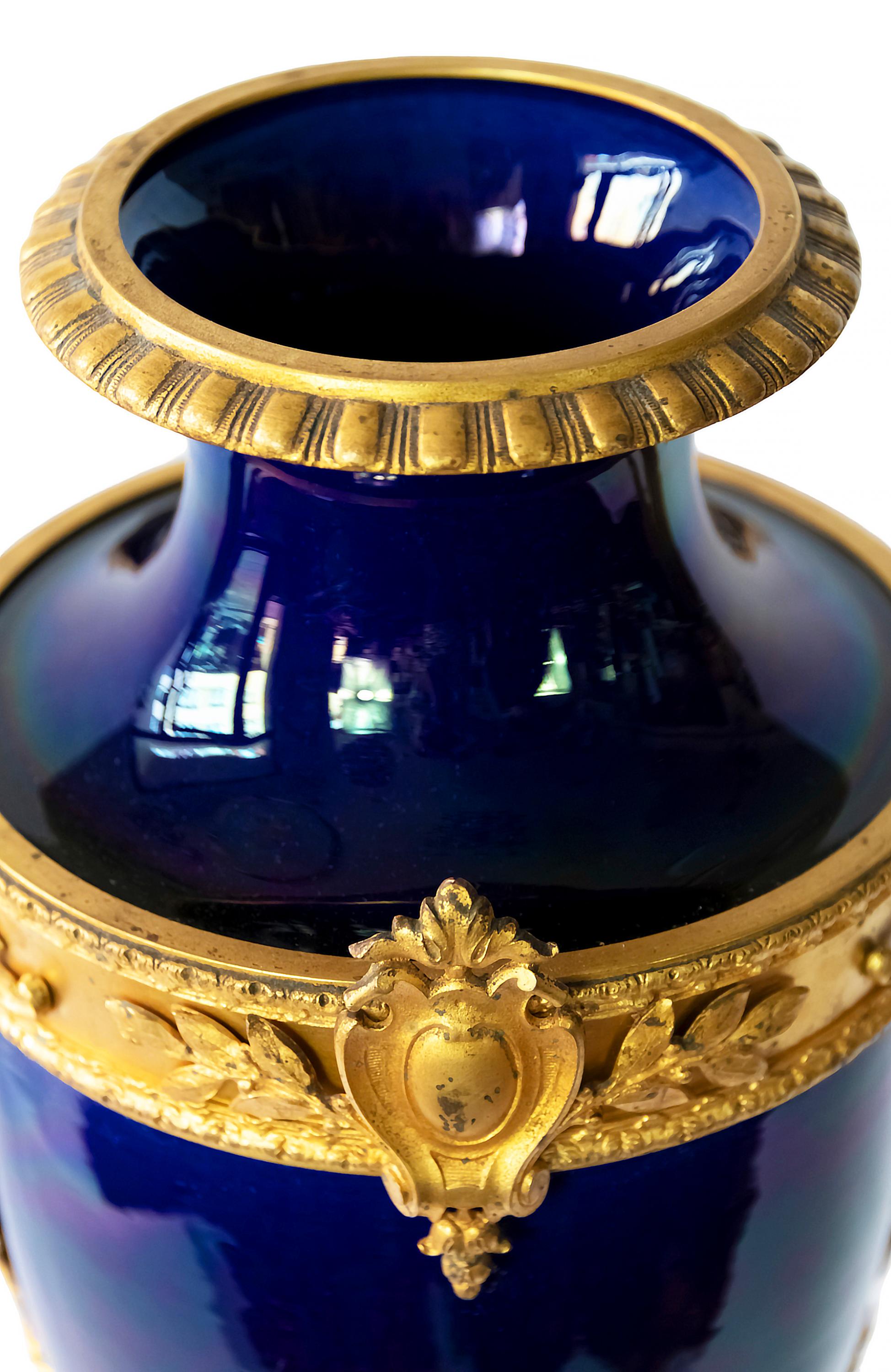 19th Century Pair of Antique French Sevres Style Porcelain Cobalt Blue and Bronze Vases