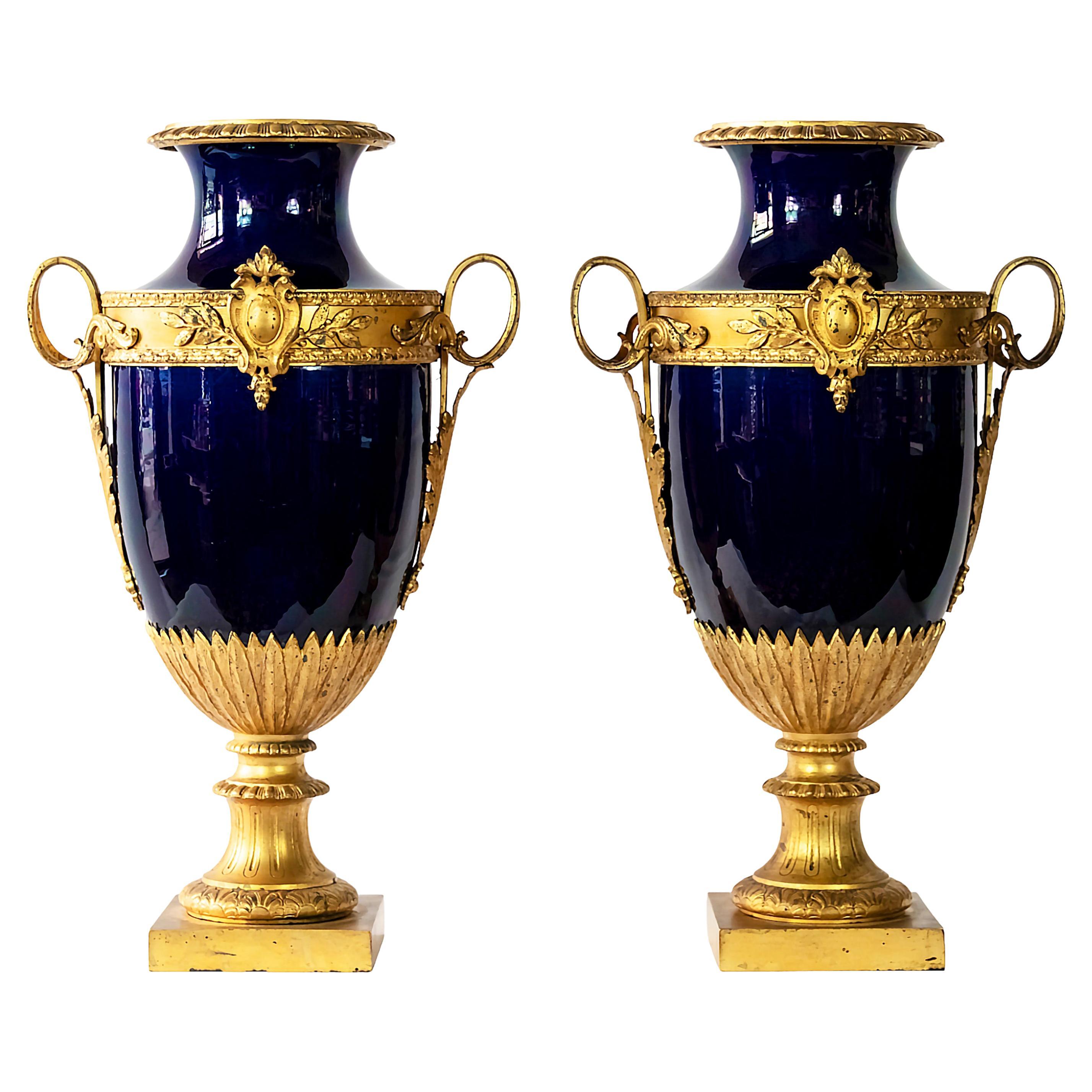 Pair of Antique French Sevres Style Porcelain Cobalt Blue and Bronze Vases