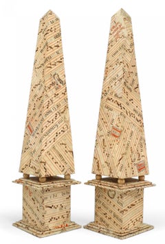 Pair of Antique French Sheet Music Veneered Obelisks