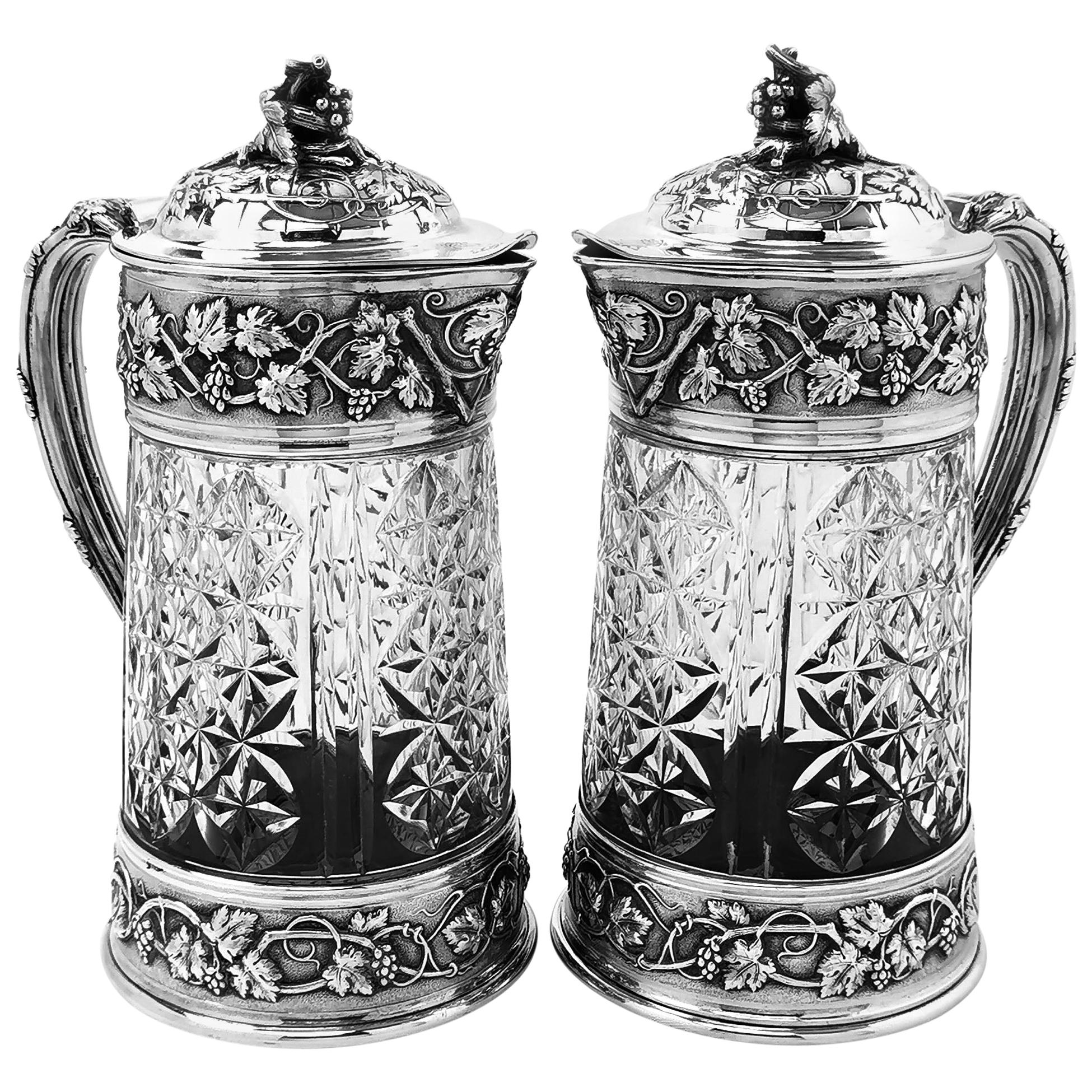 Pair of Antique French Silver and Glass Claret Jugs / Wine Decanters Odiot c1870
