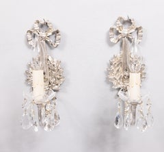 Pair of Antique French Silver Gilt Bronze & Crystals Lighted Wall Sconces