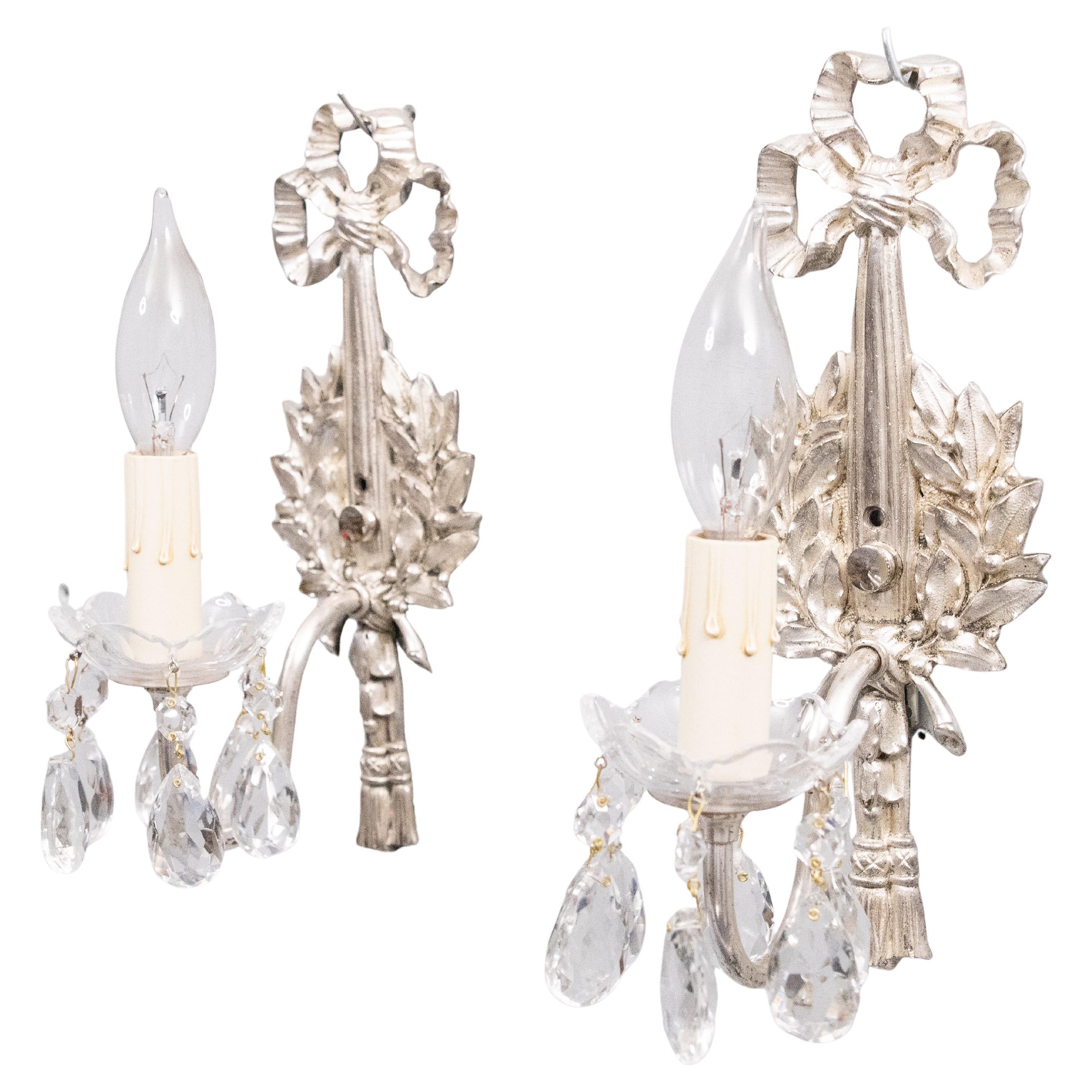 Pair of Antique French Silver Gilt Bronze & Crystals Lighted Wall Sconces