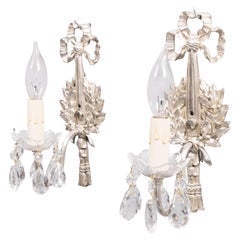Pair of Antique French Silver Gilt Bronze & Crystals Lighted Wall Sconces