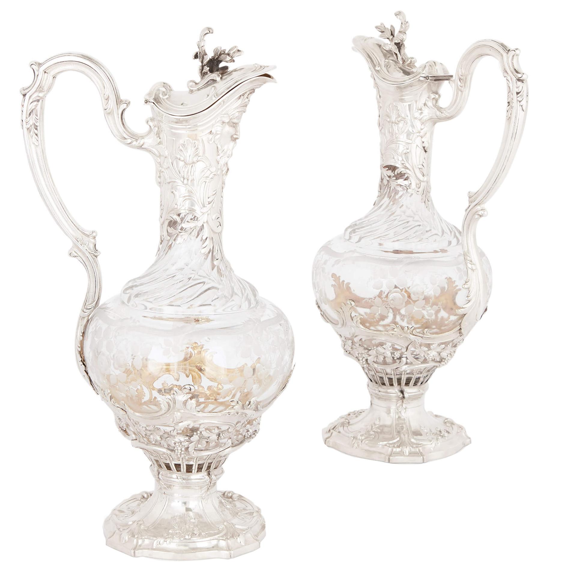 Pair of Antique French Silver Mounted Glass Decanters by Puiforcat