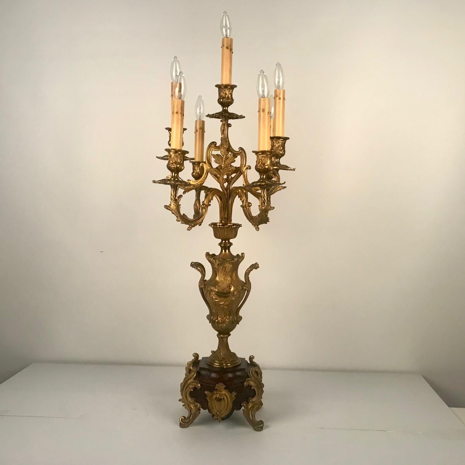 Louis XV Pair of Antique French Six Arm Candelabra, Bronze Dore on Rouge Marble Bases For Sale