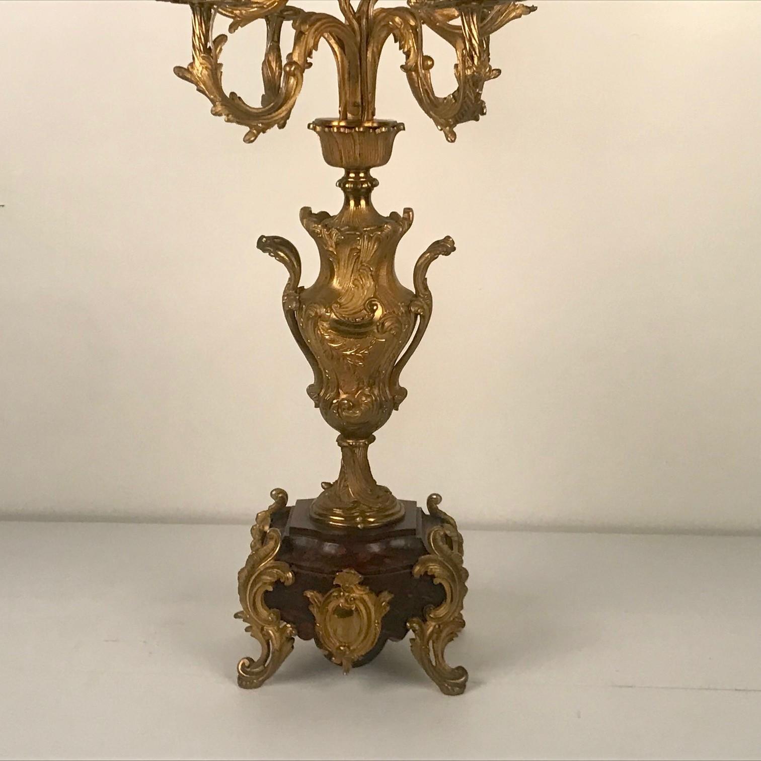 Pair of Antique French Six Arm Candelabra, Bronze Dore on Rouge Marble Bases In Good Condition For Sale In Montreal, QC