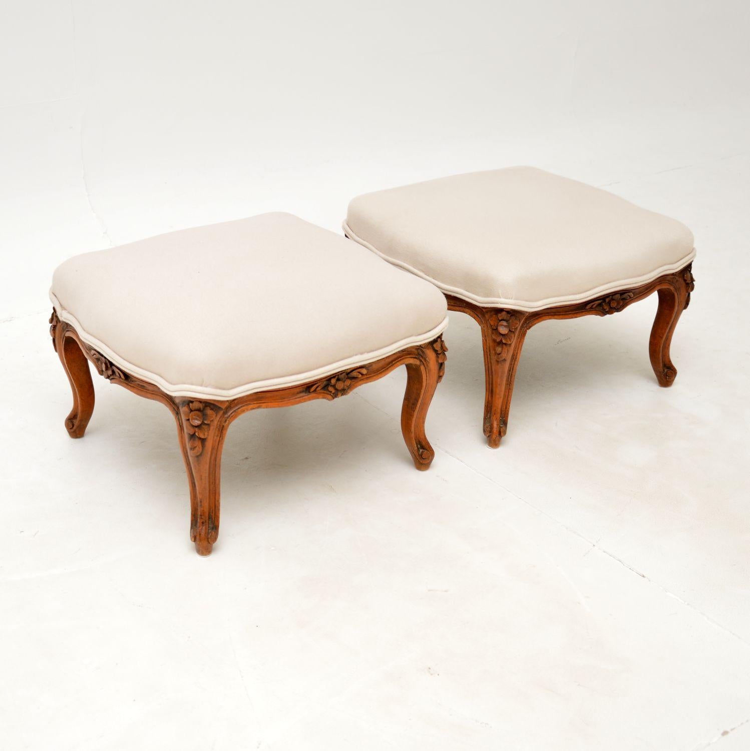 Louis XV Pair of Antique French Solid Walnut Foot Stools