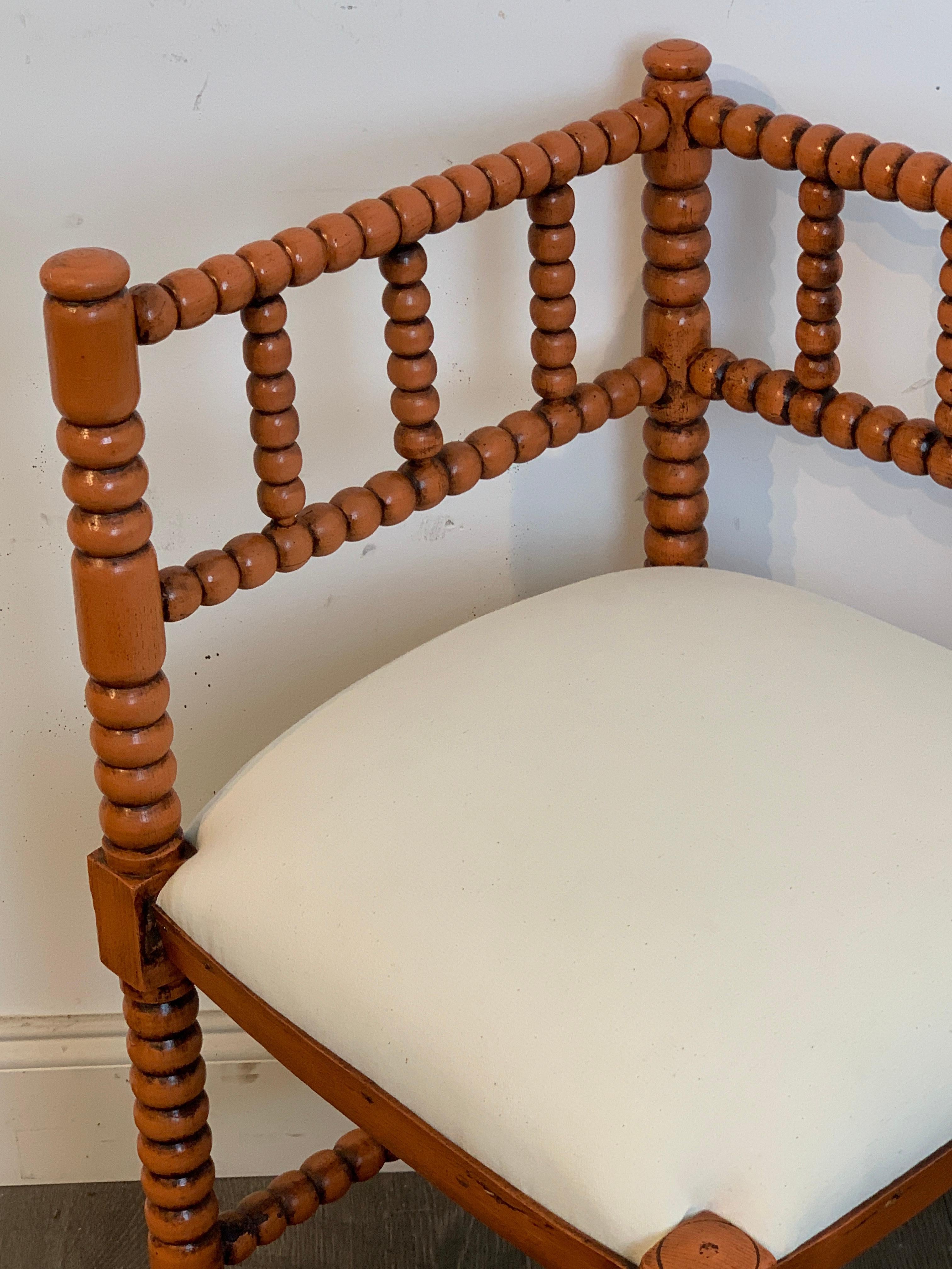 Polychromed Pair of Antique French Stick and Ball Corner Chairs with Coral Polychrome