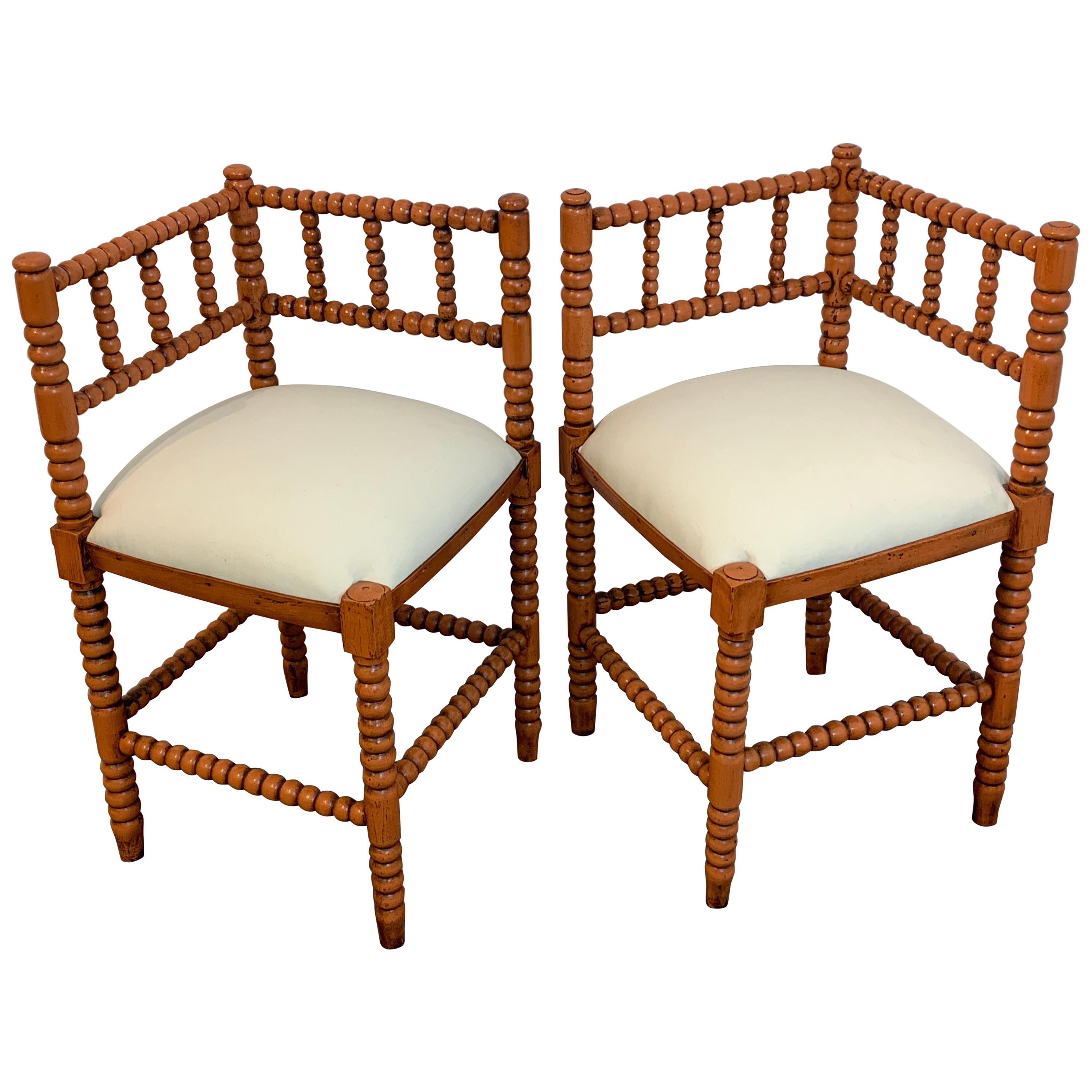 Pair of Antique French Stick and Ball Corner Chairs with Coral Polychrome