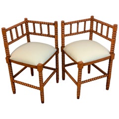 Pair of Antique French Stick and Ball Corner Chairs with Coral Polychrome