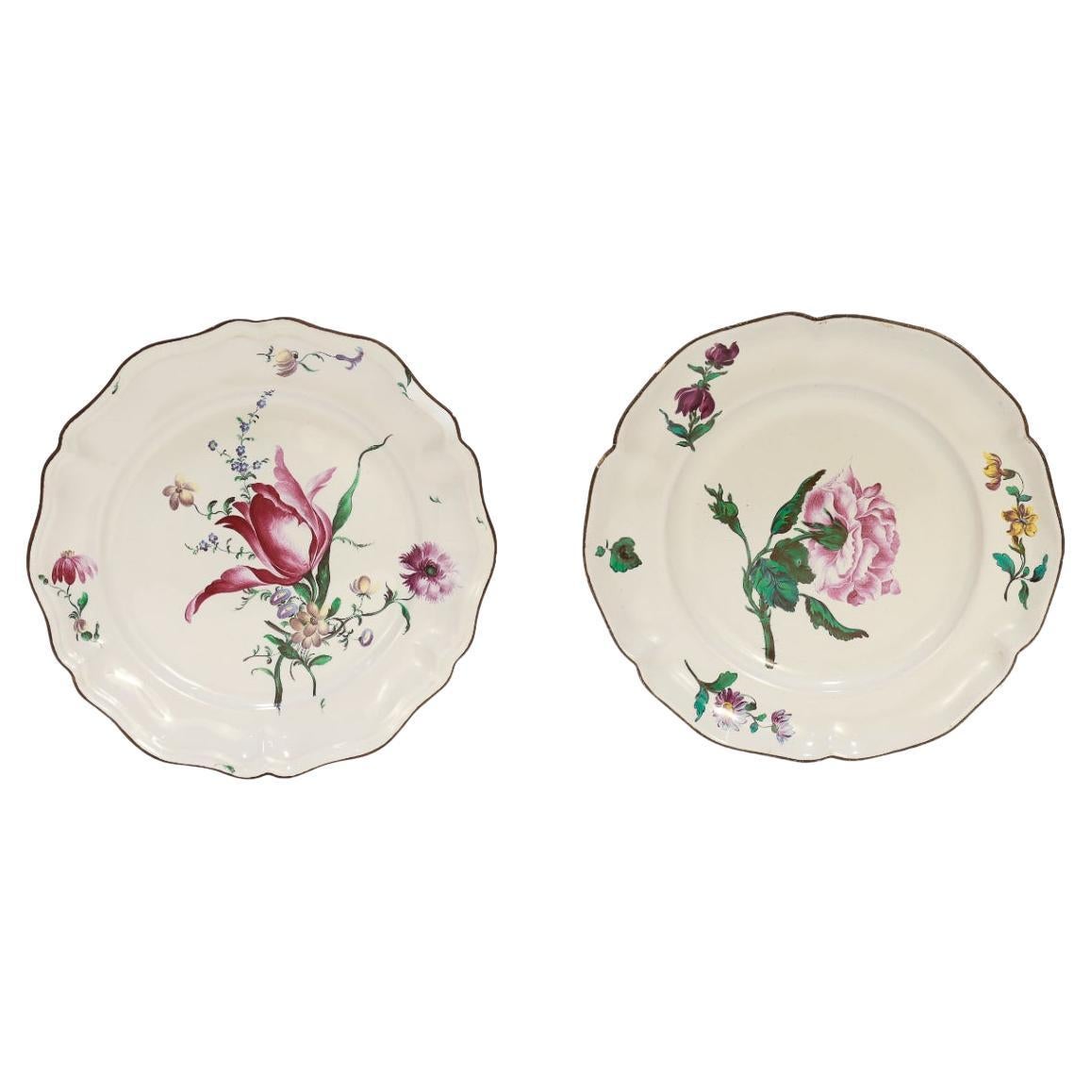Pair of Antique French Strasbourg Faience Floral Plates For Sale