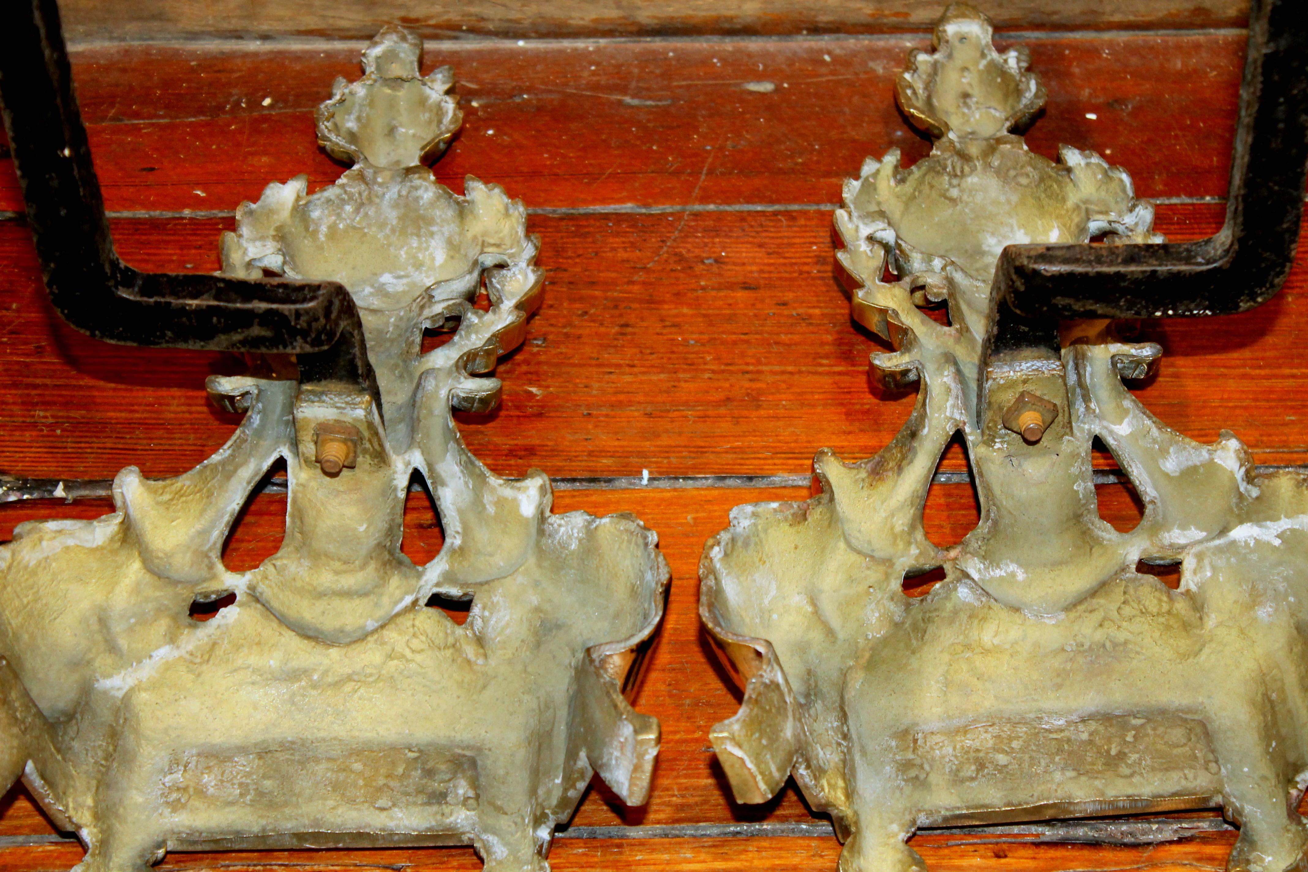 Pair of Antique French Style Cast Brass Andirons 1