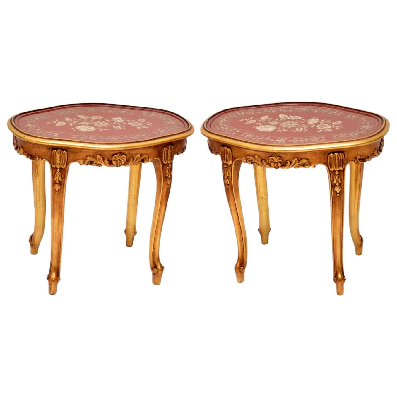 This pair of antique French style gilt wood & lacquered side tables do have a matching coffee table to go with them. However, I can’t predict if either item will sell individually. The tops have a red lacquered background with floral decoration. The